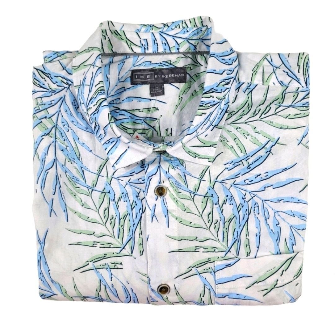 IKE Behar Blue shops and Green Leafy Button Up