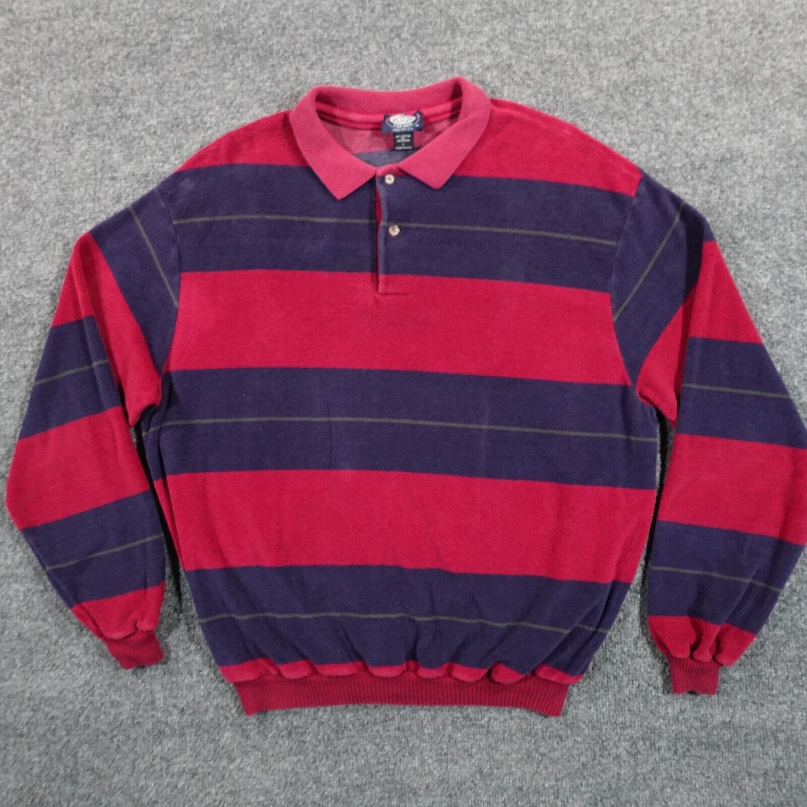 VTG 70s 80s Knightsbridge Sweater L Red Blue Stripe Velour Polo Pullover 12471