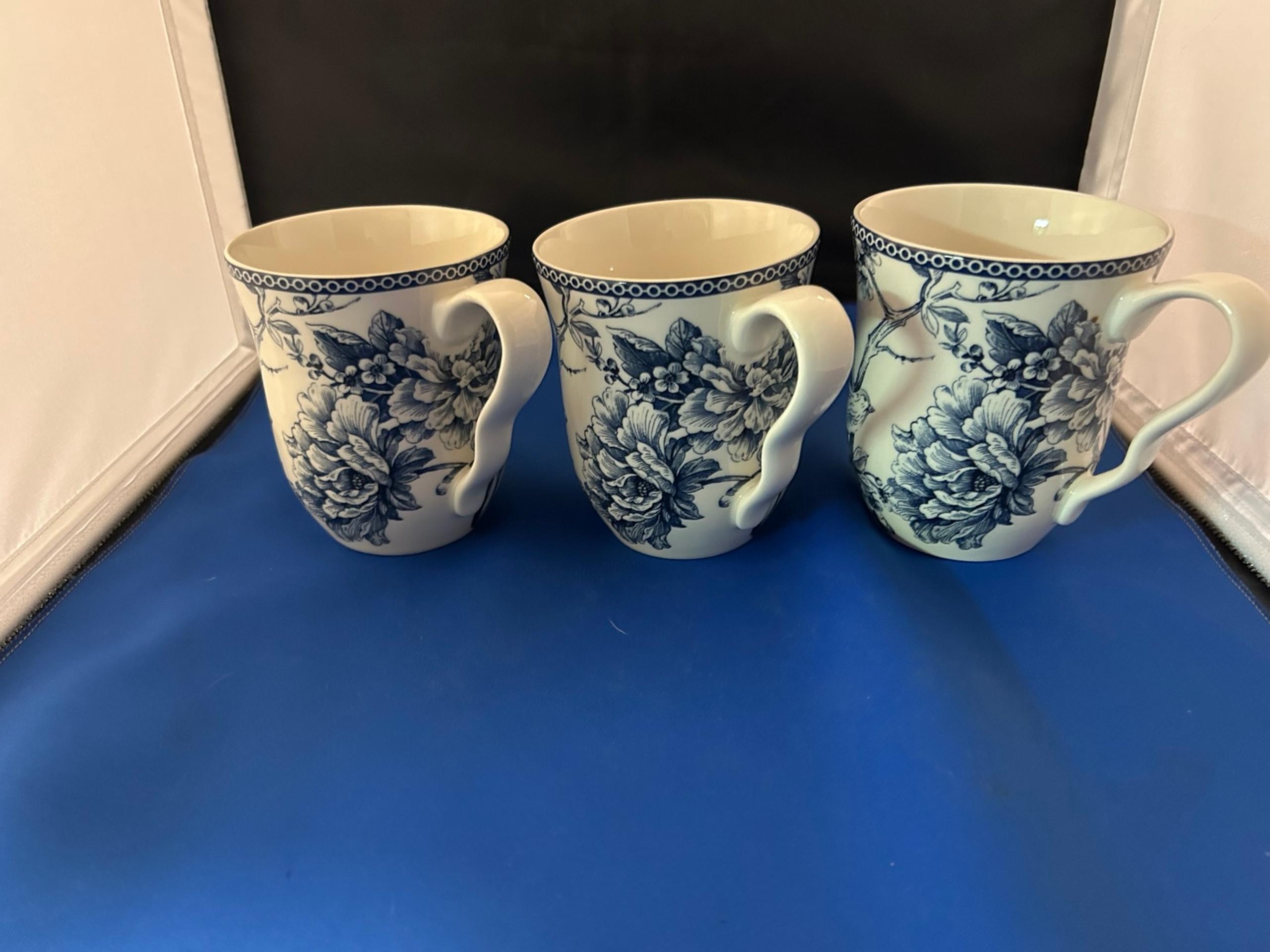Set of 3 coffee tea mugs cups in Adelaide pattern  by 222 Fifth Blue & white