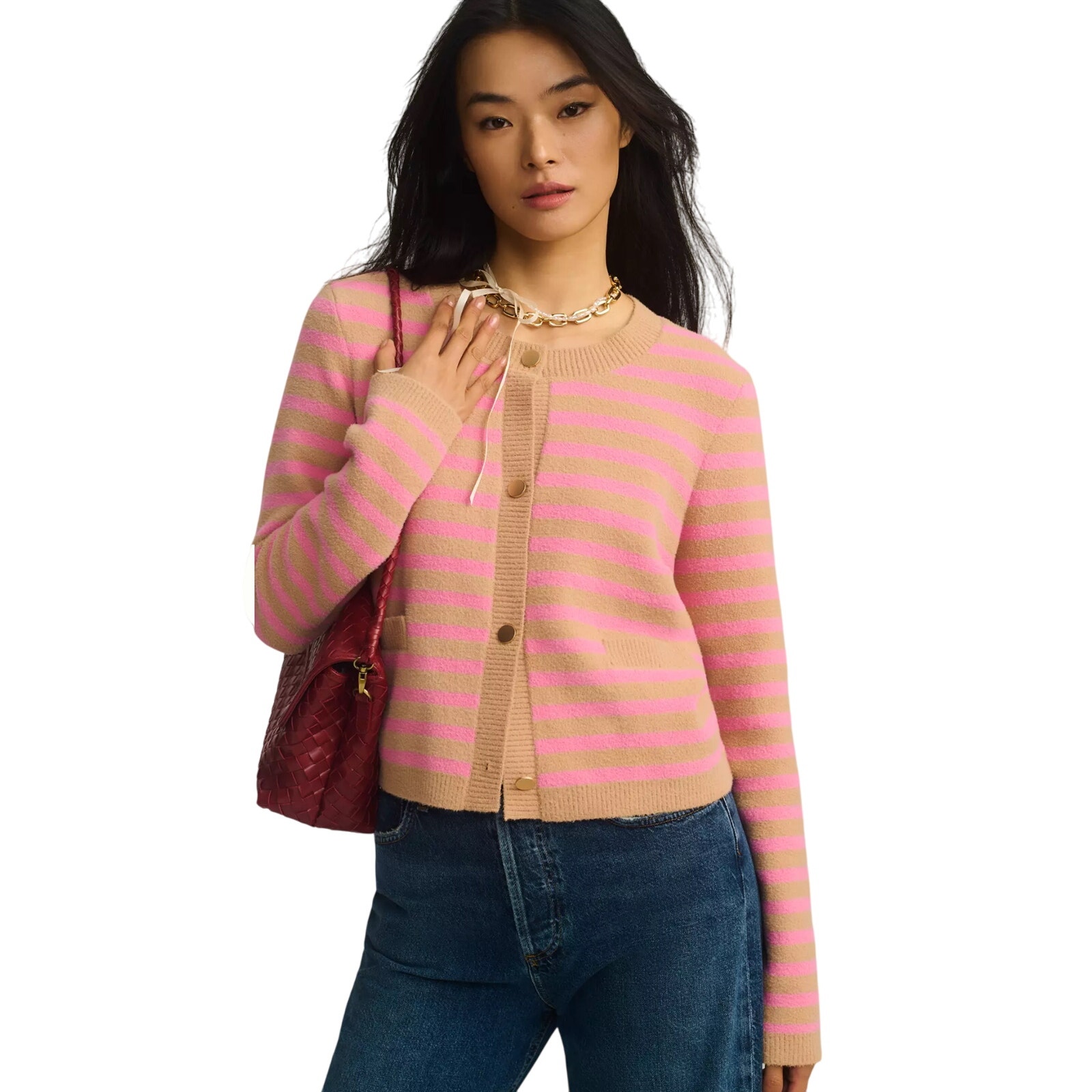 NVLT Anthropologie Striped Sweater Lady Jacket Pink Tan Medium