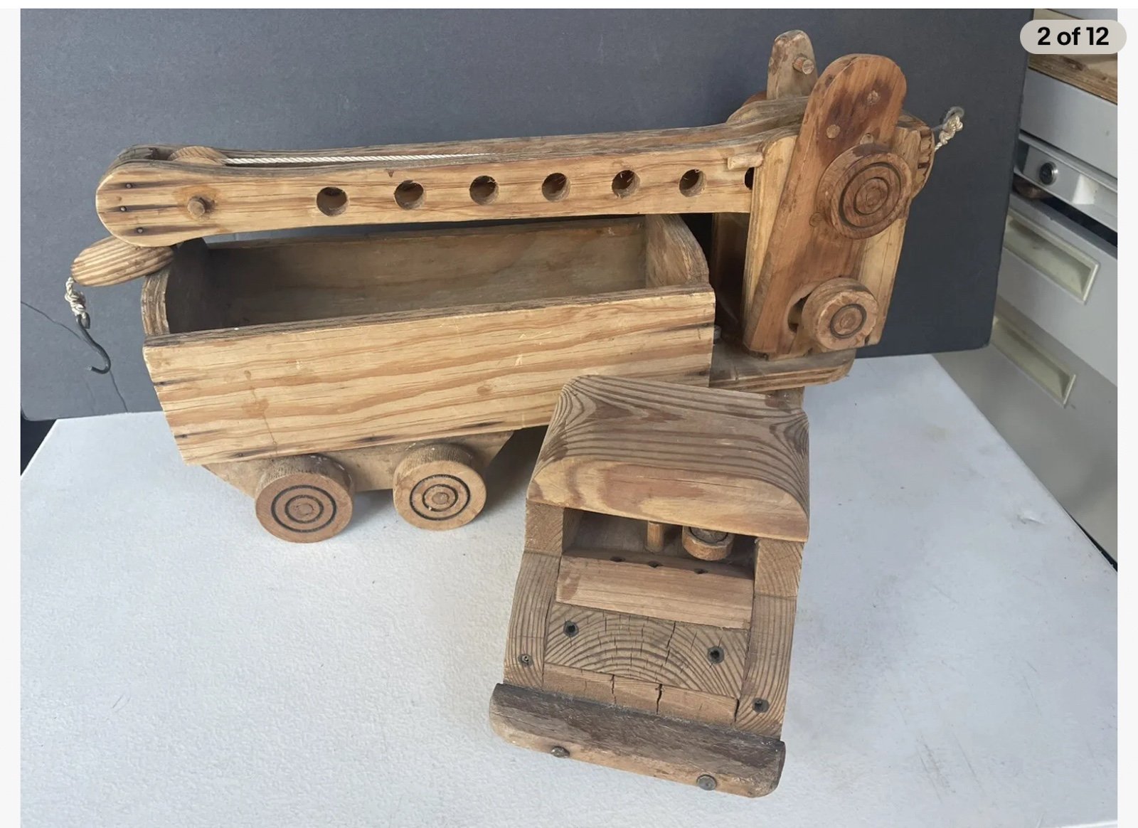 Vintage Toy Truck with Rolling Crane Llift Hand Crafted Wood