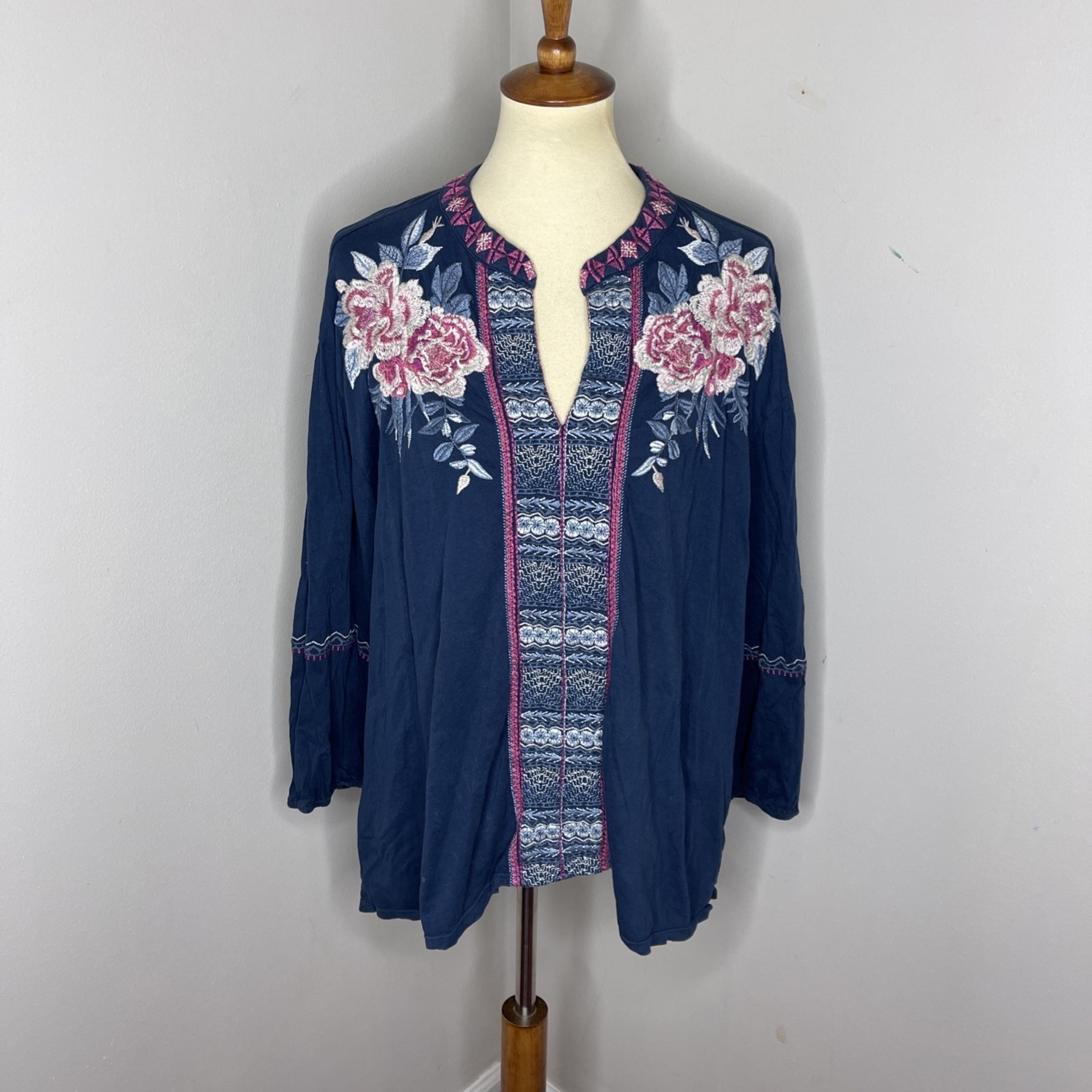 Johnny Was Blue 3/4 Sleeve Floral Embroidered Cotton Blouse XL