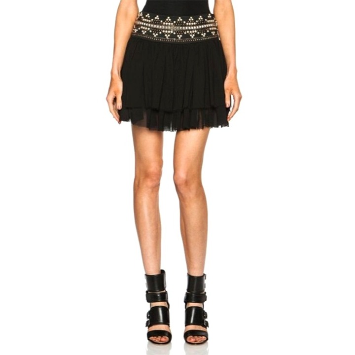Pierre Balmain Skirt Women 4 Black Brass Beaded Tiered Ruffle Mini Luxury France