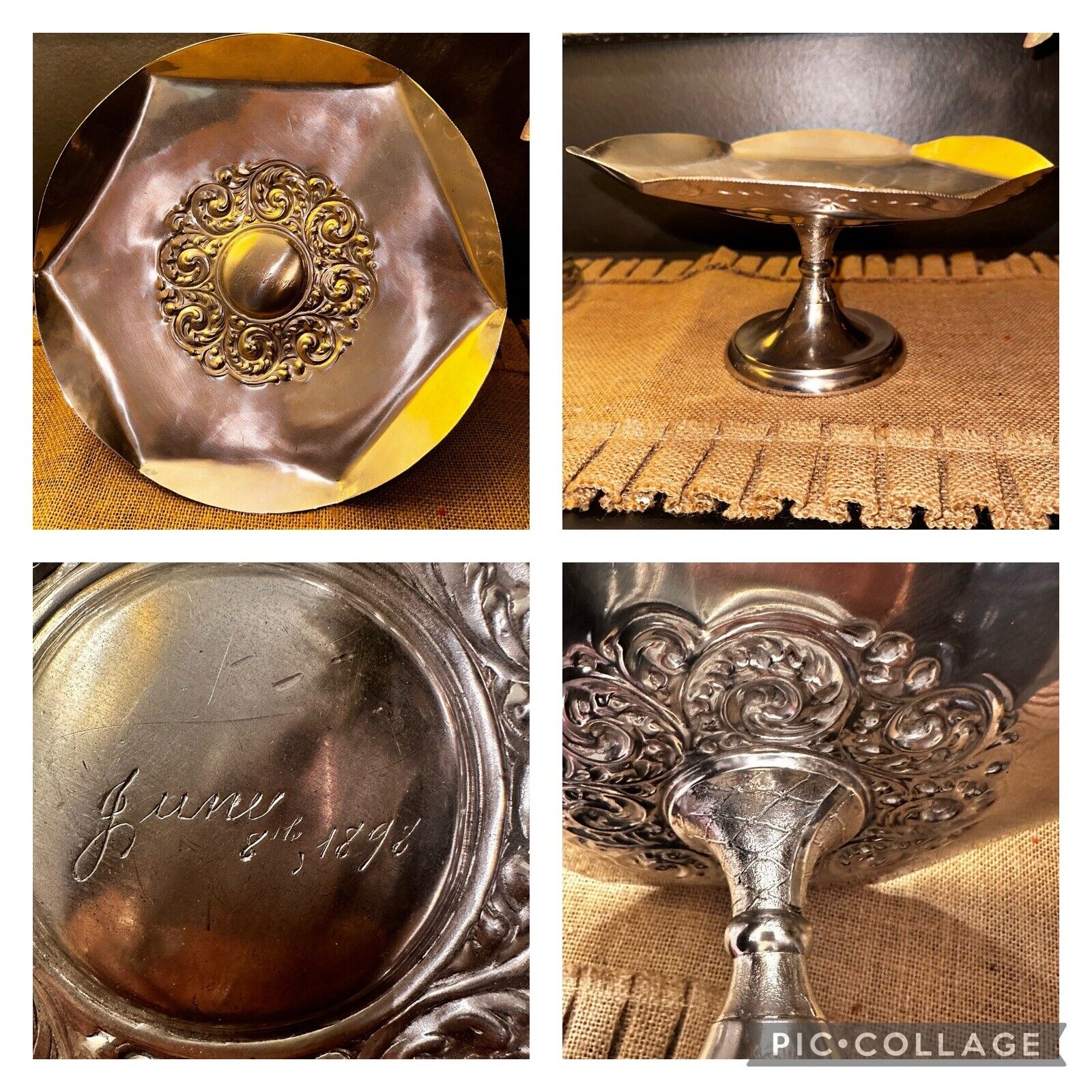 1898 Vintage CB Barker NY Quadruple Plated Footed Tray Server Handmade Etched