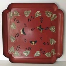 Vintage Hand Painted Butterfly Leaves Red Metal Tray Folk Art Cottagecore SIGNED
