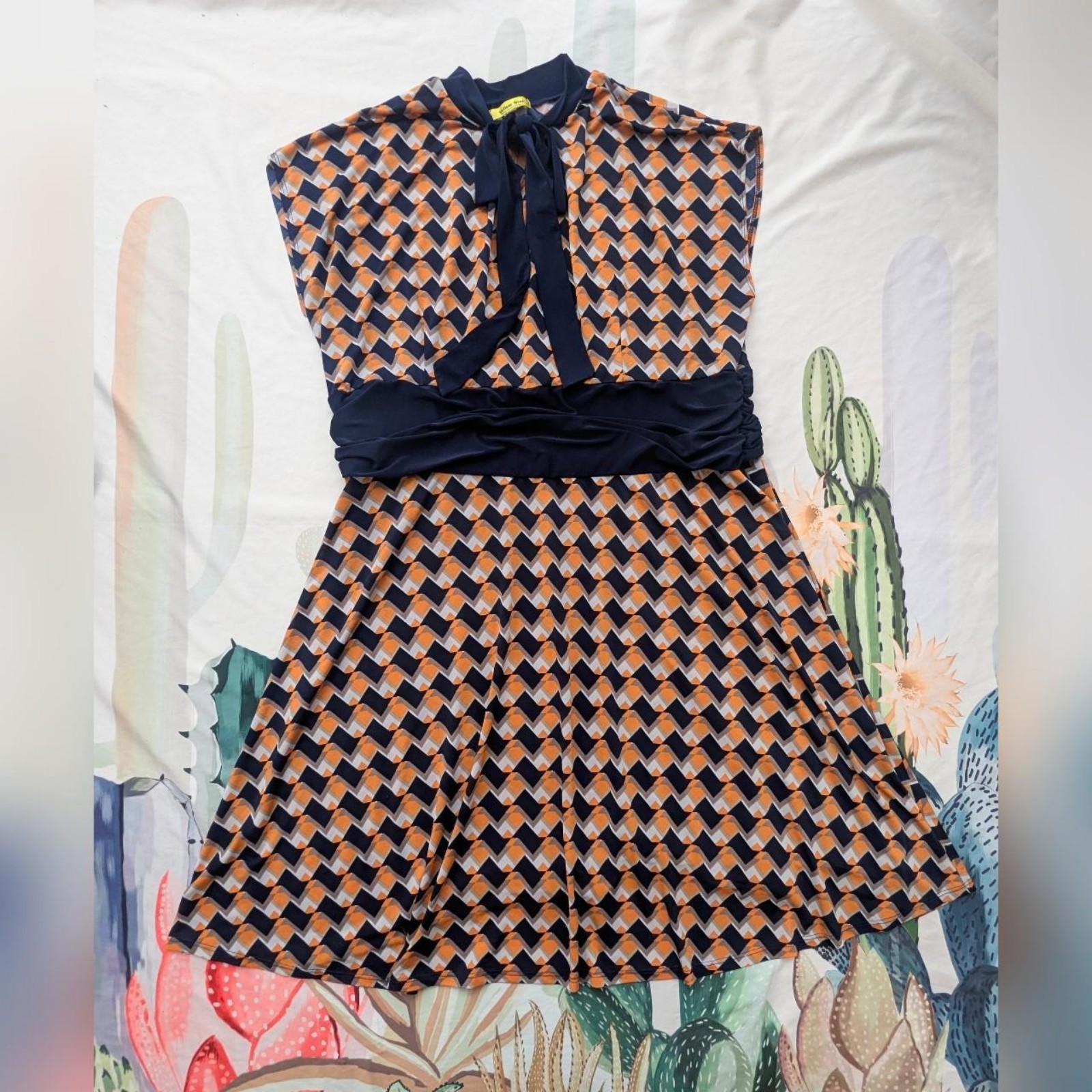 Yellow Star Mod Cloth Navy Blue, Orange & White Houndstooth Lavalier Bow Dress