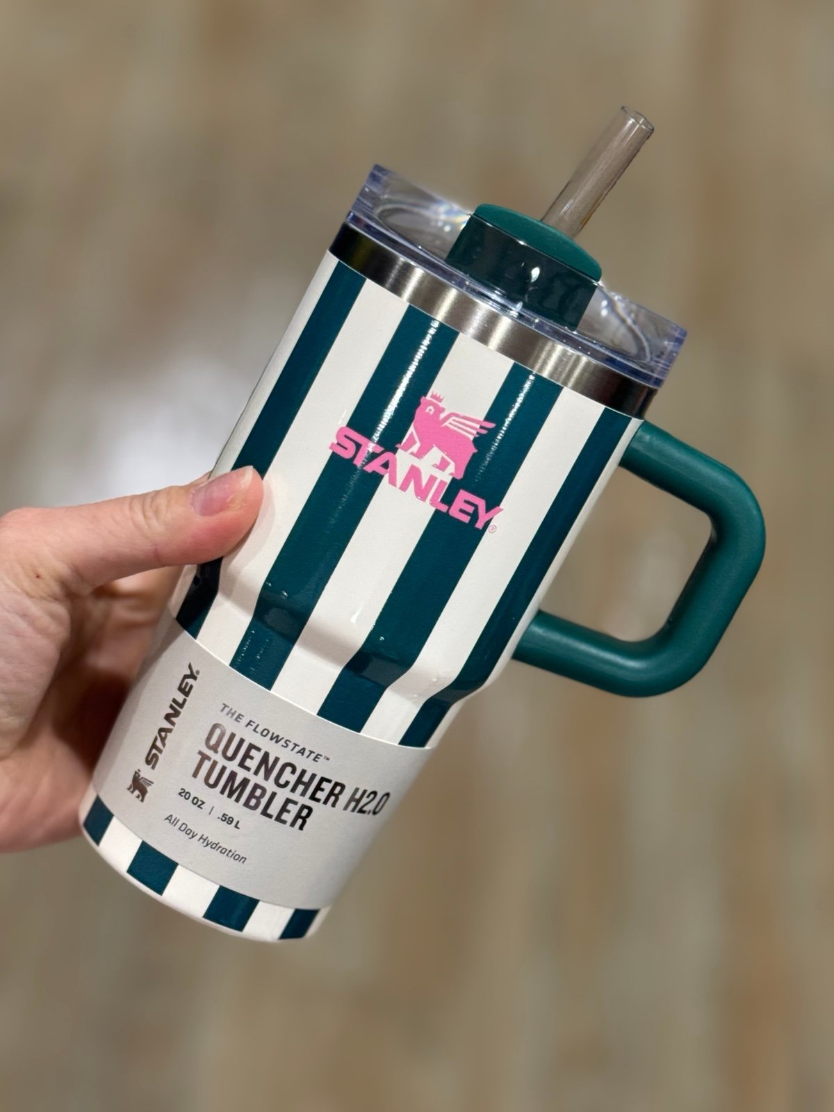 Stanley Emerald Cabana 20oz Green Stripe Pink Logo