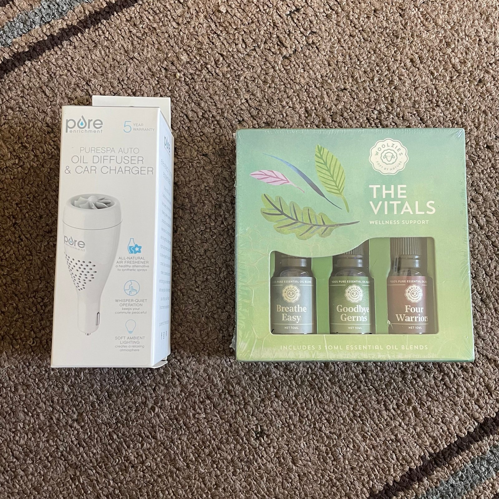 PureSpa Auto Oil Diffuser + Car Charger & Woolzies The Vitals Set Of 3