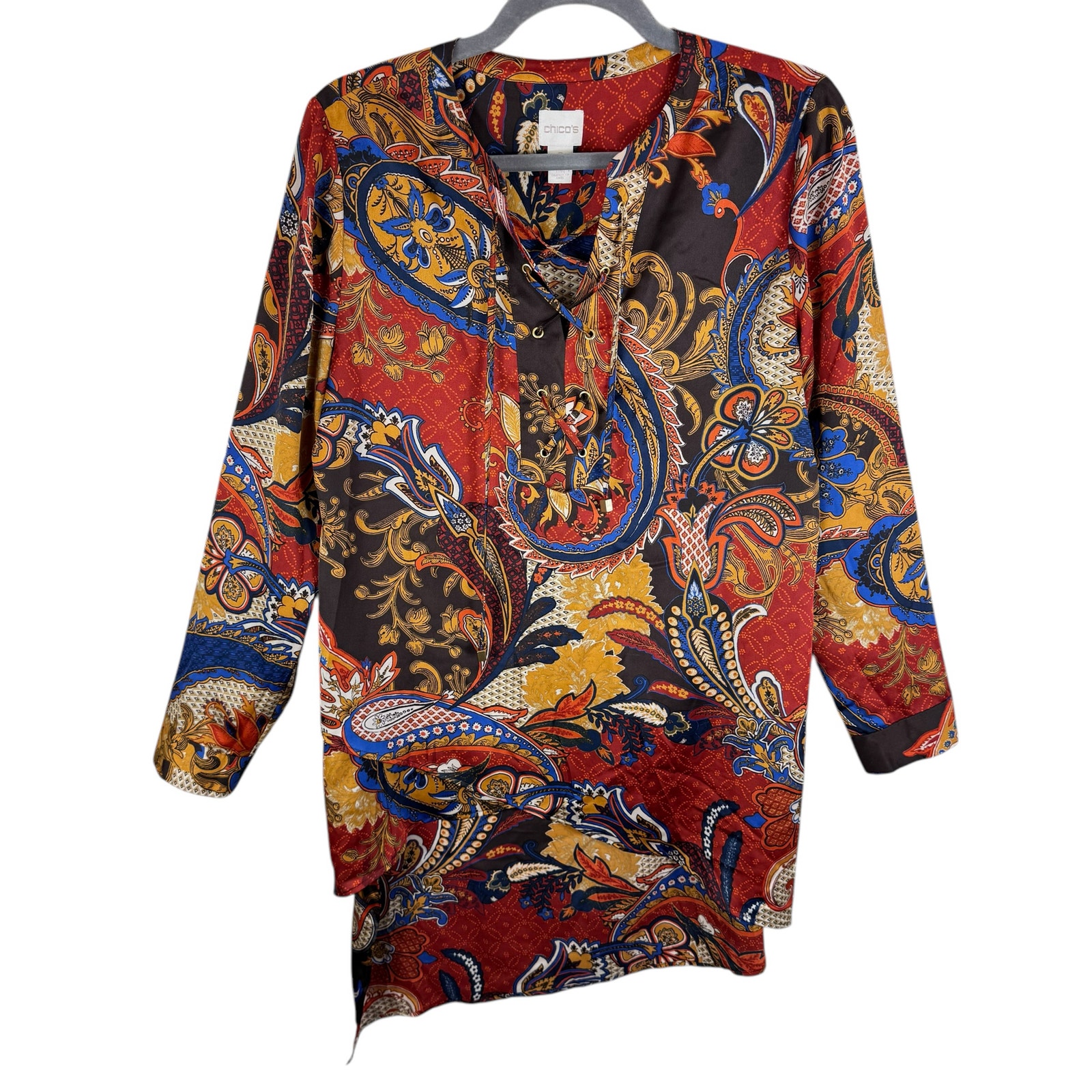 Chico's Colorful Paisley Satin Long Sleeve Asymmetrical Hem Tunic Blouse Size S