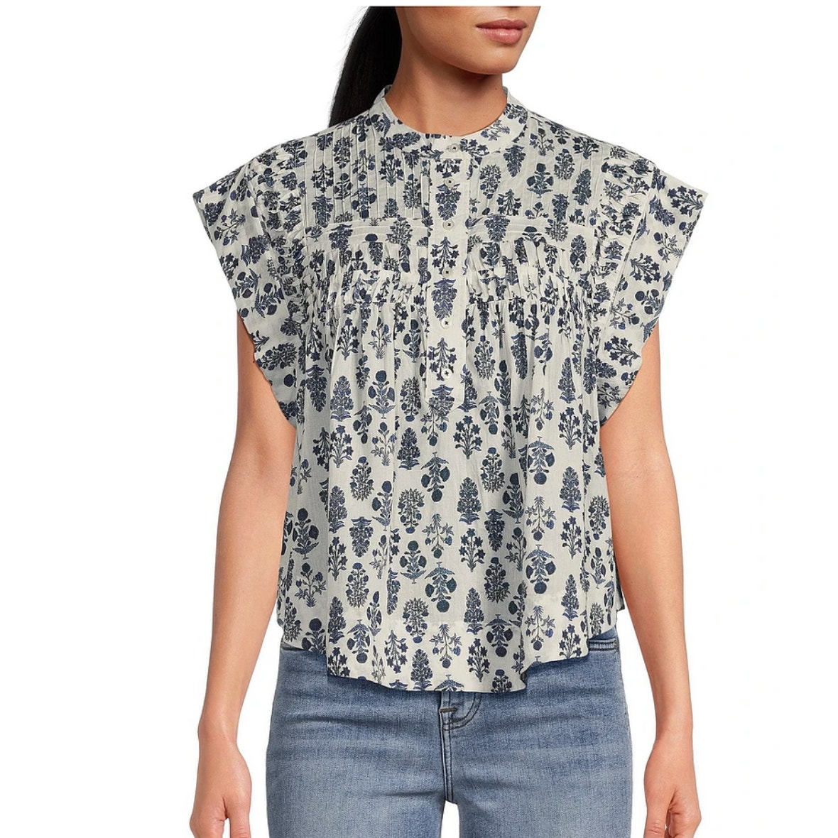 NEW Ro's Garden Cap Sleeve Floral Partial Mandarin Collar Button Front Top
