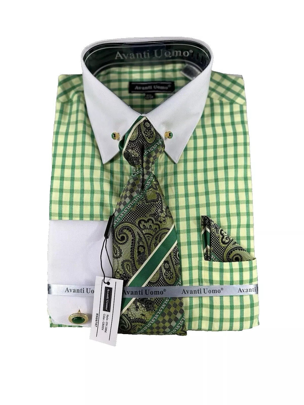 Avanti Uomo Men's Green Dress Shirt Tie Hanky Collar Bar Size 19.5 36/37