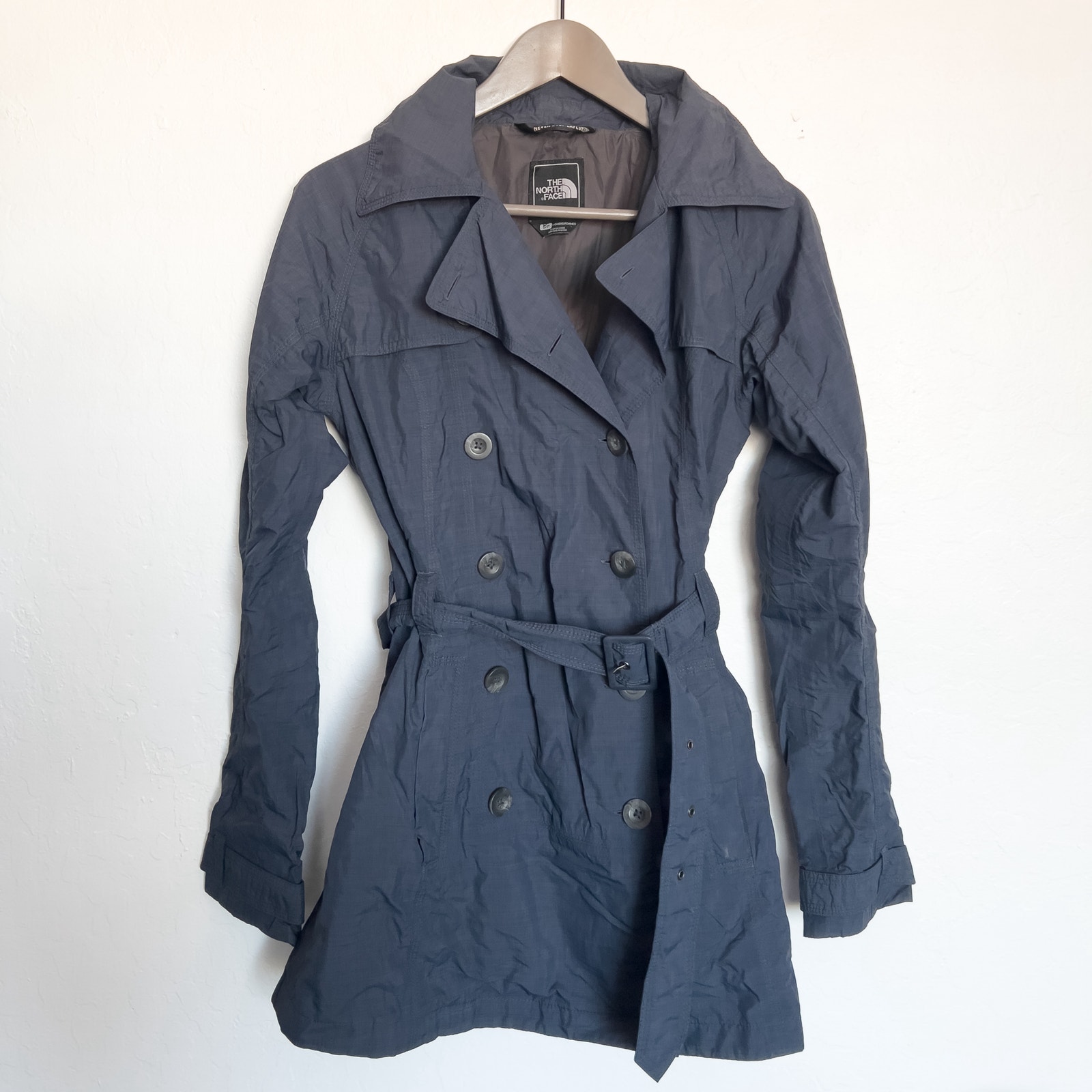 North Face Trench Coat Jacket Belted Double Breasted Black Navy Small Nylon