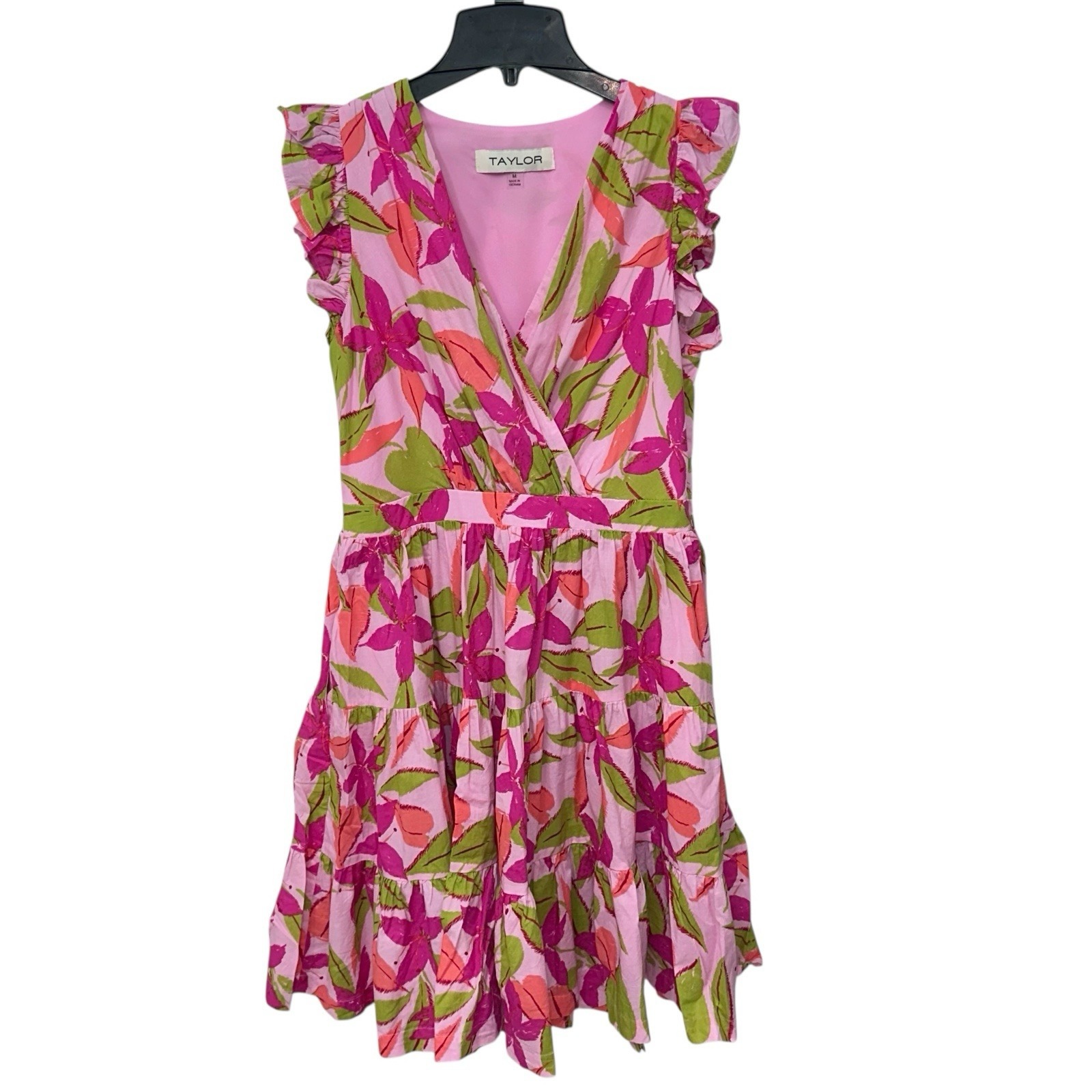 Taylor Women'S Pink/Multi Floral Tiered Flutter Sleeve Dress Size M Pockets