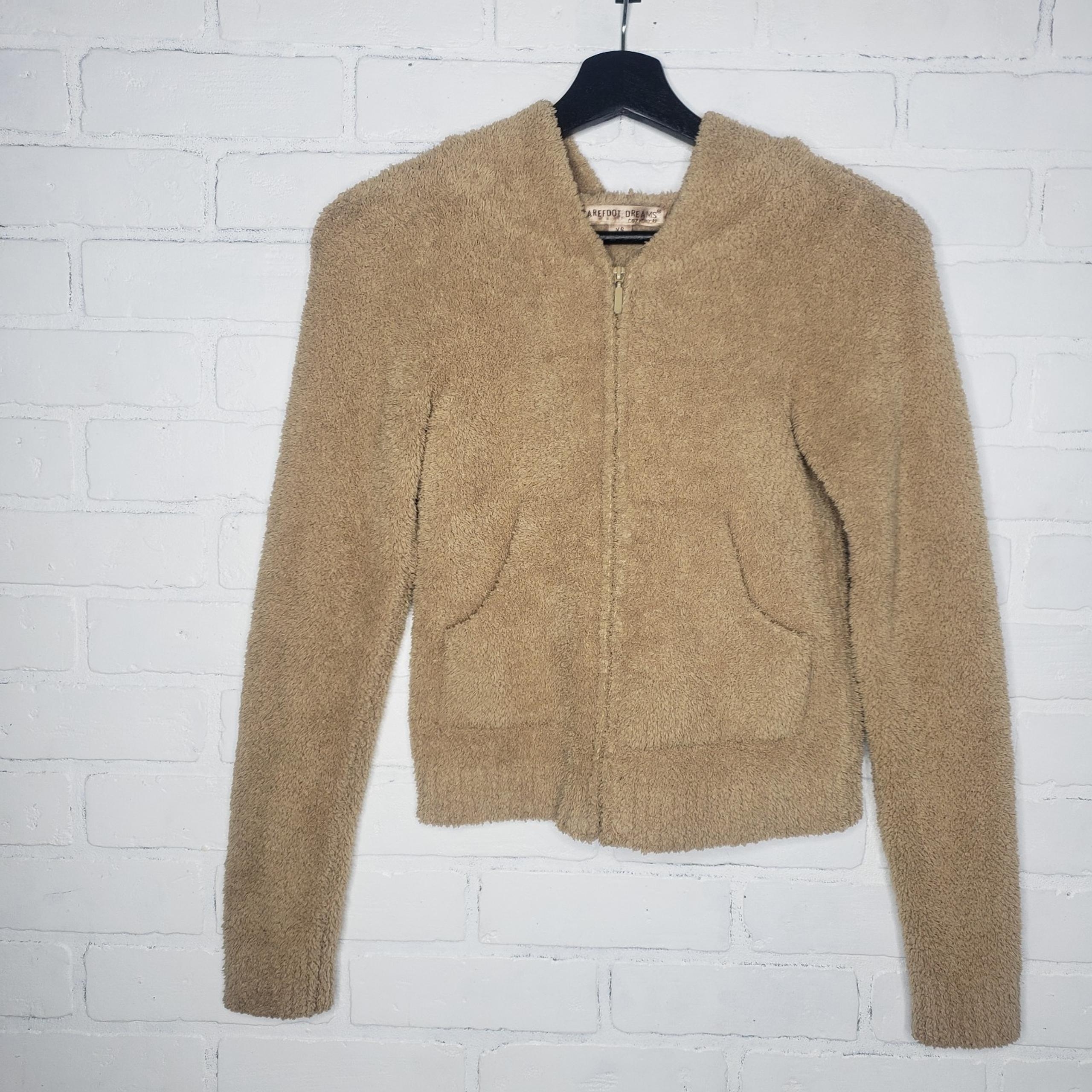 Barefoot Dreams Cozychic Tan Full Zip Crop Hooded Sweater