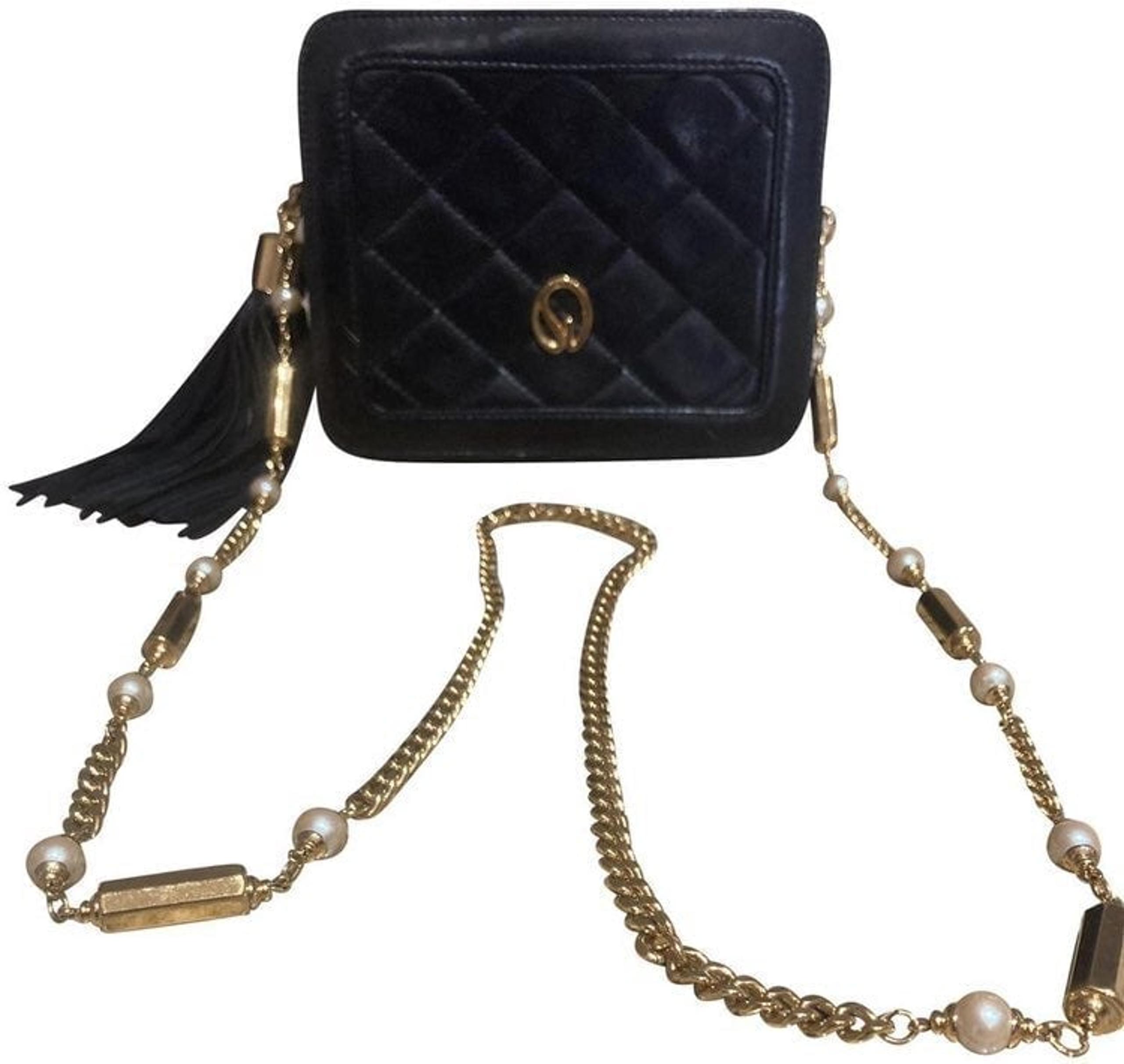 St. John black Leather Quilted Handbag Purse with Gold and Pearl Chain