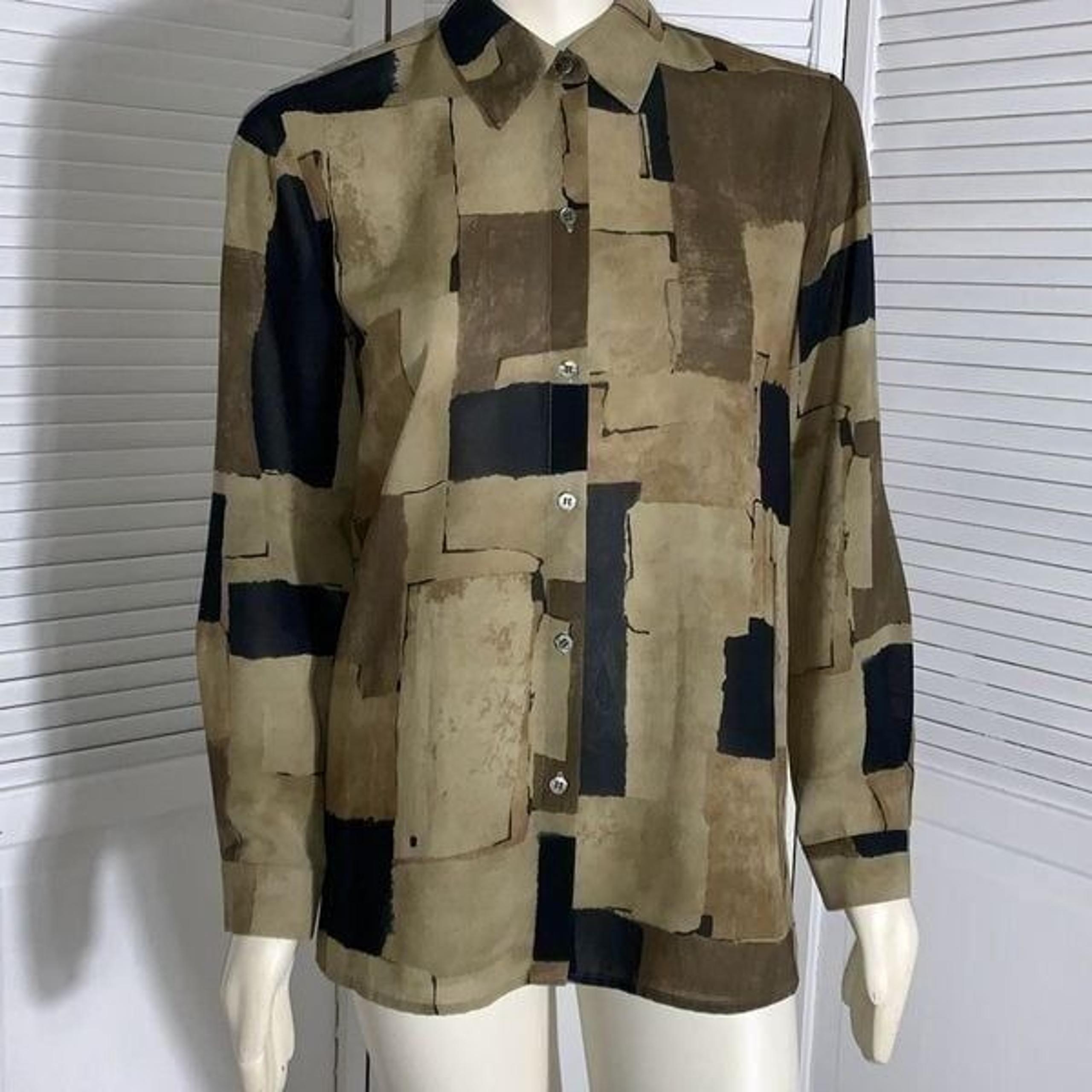 Vintage Tan Patchwork Print Oversized Button Down Long Sleeve Shirt Women’s Size