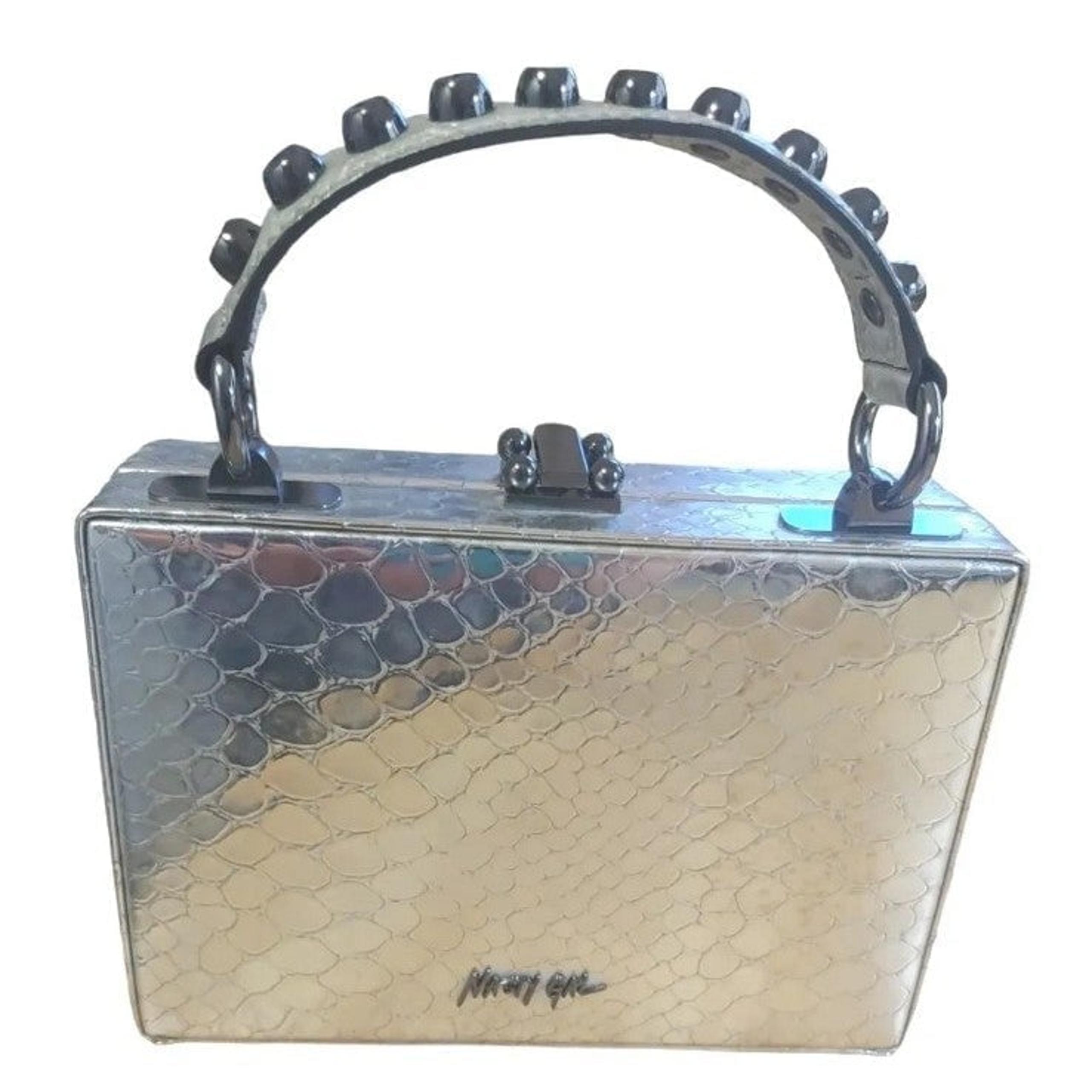 Nasty Gal Box Purse Silver Croc Design Studded Top Handle Bag Black Lined Sm