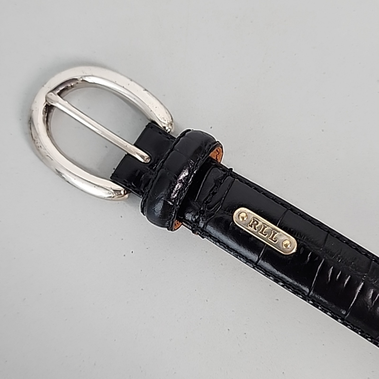 Lauren Ralph Lauren Genuine Italian Leather Snake Embossed Logo Black Belt Large