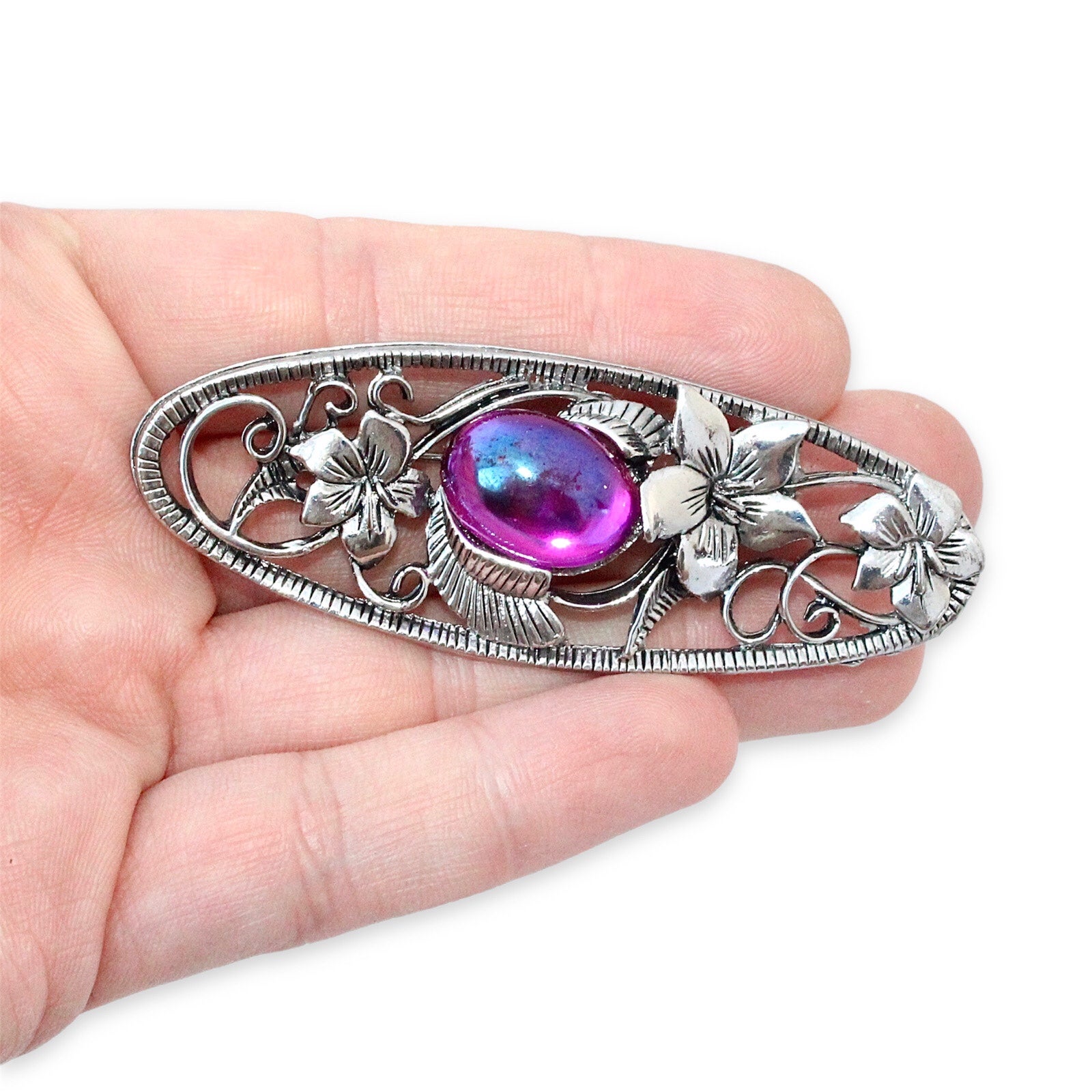 Vintage Iridescent Floral Brooch Silver Tone Mermaid Dragon’s Breath Purple Blue