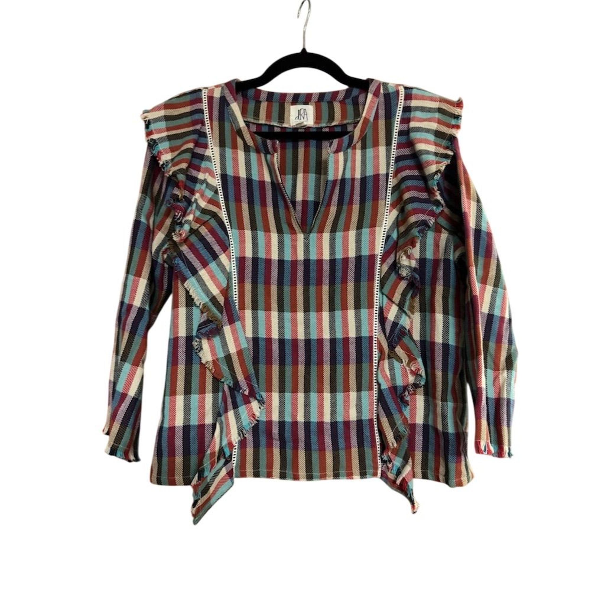 Anthropologie Women's Plaid Fringe Ruffle Tunic Blouse Size L Multicolor