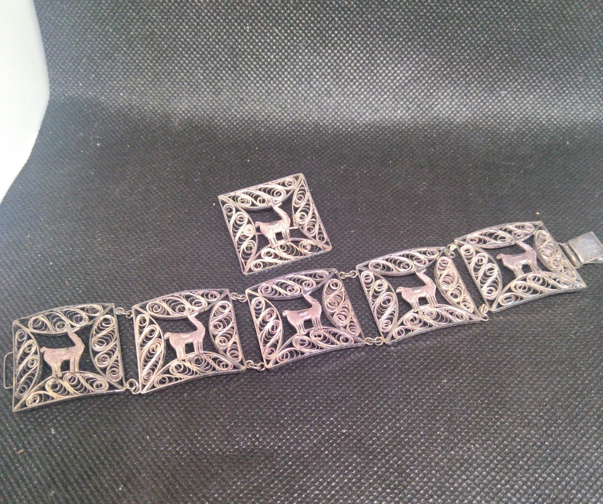 Vintage Sterling silver filigree llama panel bracelet and brooch