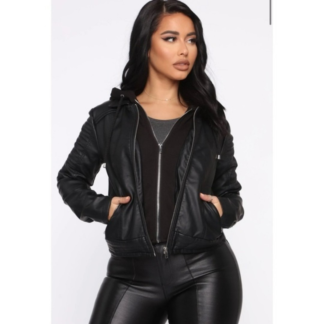 Black PU leather jacket double zipper closure hooded size s