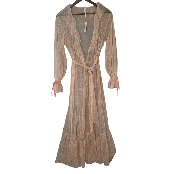 Anthropologie Heart Robe Sheer Ruffle Womens Size M Pink