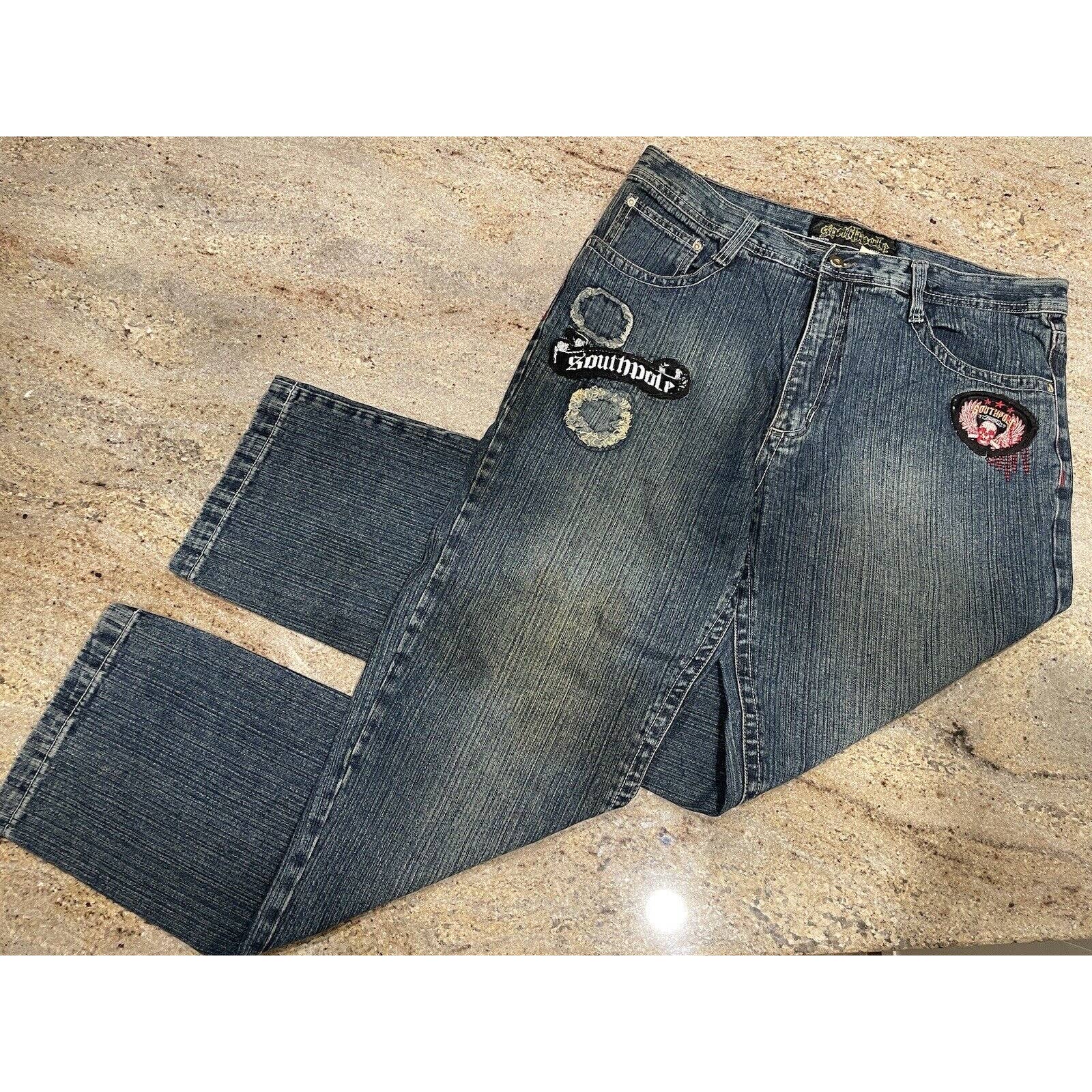 South Pole Baggy Jeans Mens 40x33 Patches Embroidered Studded Medium Wash Faded