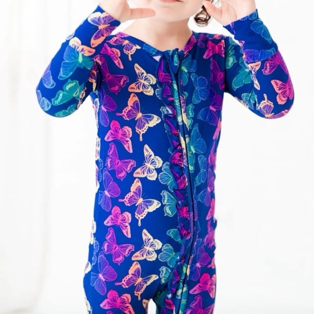 Dream Jamms Dreamiere SOCIAL BUTTERFLY RUFFLE FOOTIE Bamboo Zip PJs Lisa Frank