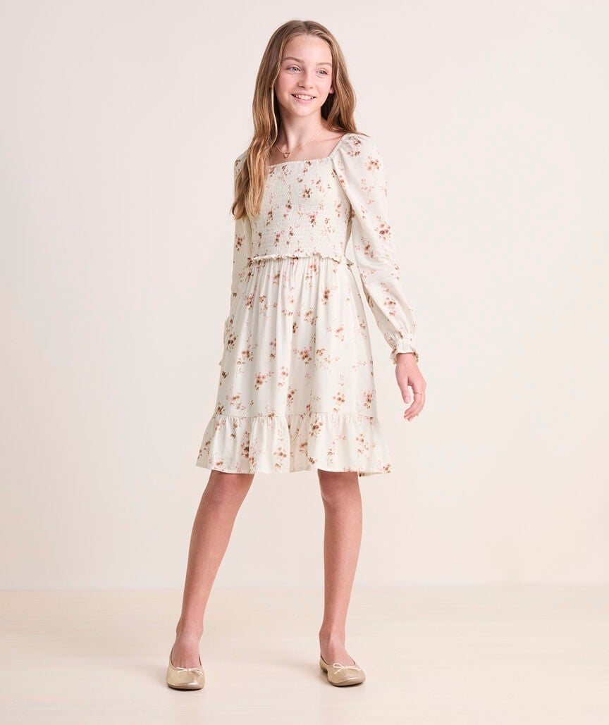 NWT Vineyard Vines Girls' Lena Smocked Dress Sienna Floral - Stone S (8-10)