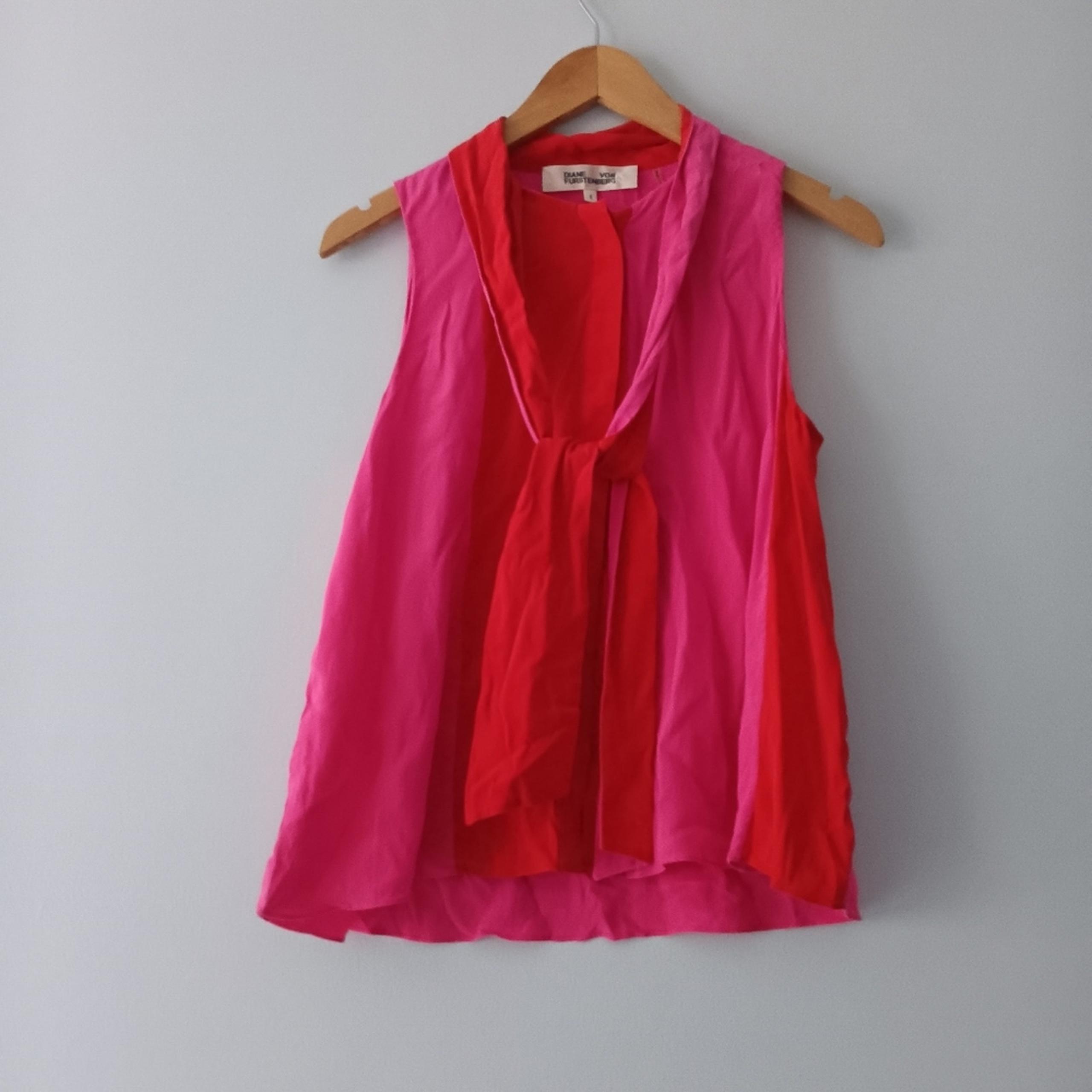 Diane Von Furstenberg Silk Regine Color Block Shirt Red Pink Sz S