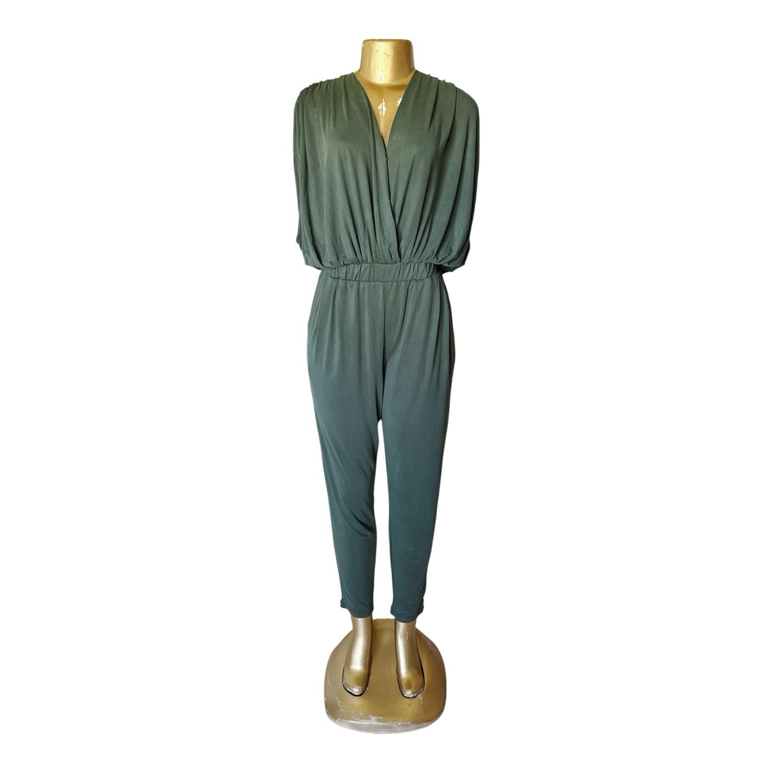 ELAN Womens Size Small Green Short Sleeve Draped Front One Piece Jumpsuit