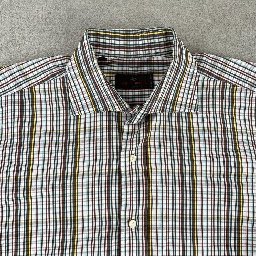 ETRO Milano Dress Shirt Men 41 15.5 Multi Plaid Long Sleeve Made in Italy