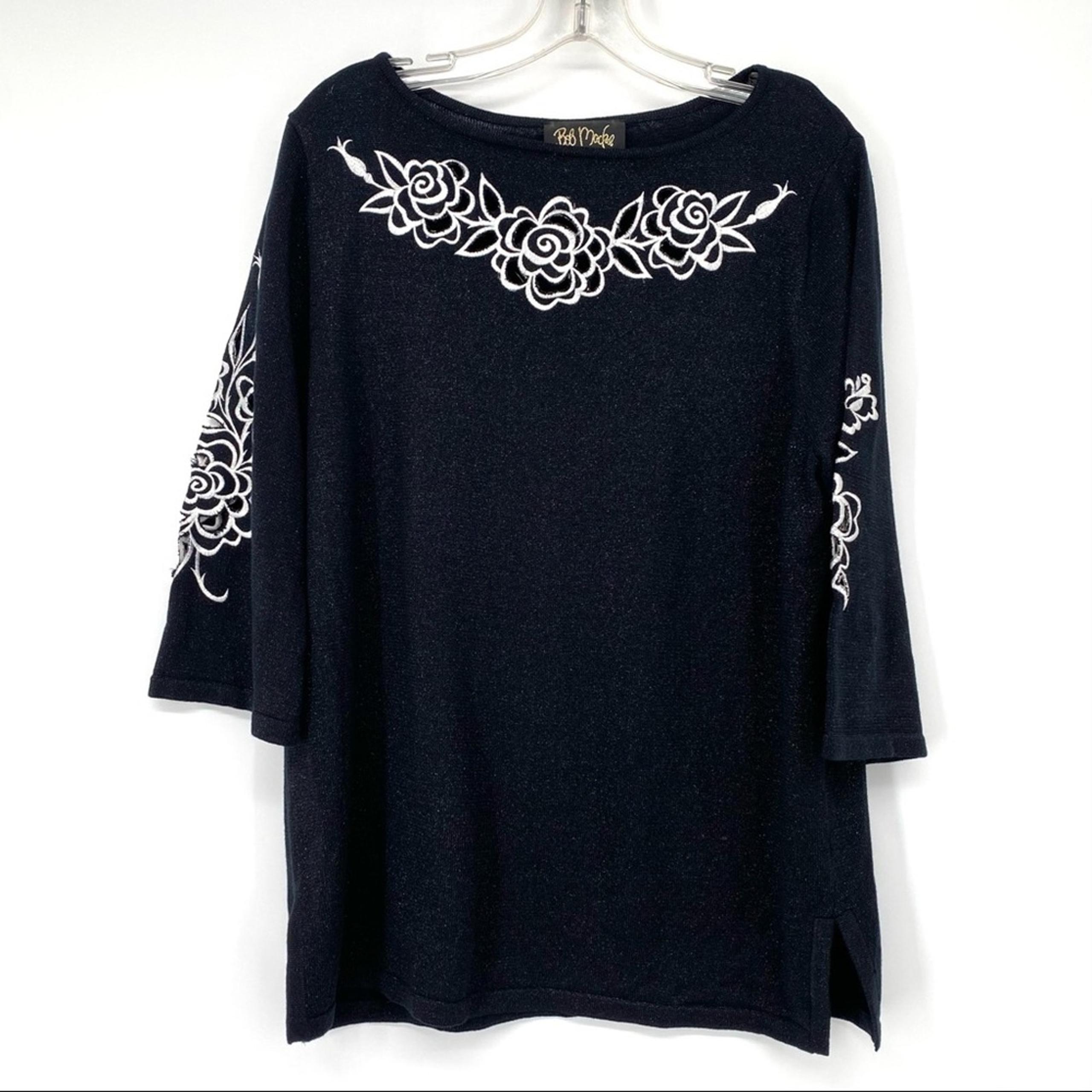 Bob Mackie Black Metallic Cut out Sleeves Floral embroidered Tunic Womens Sz M