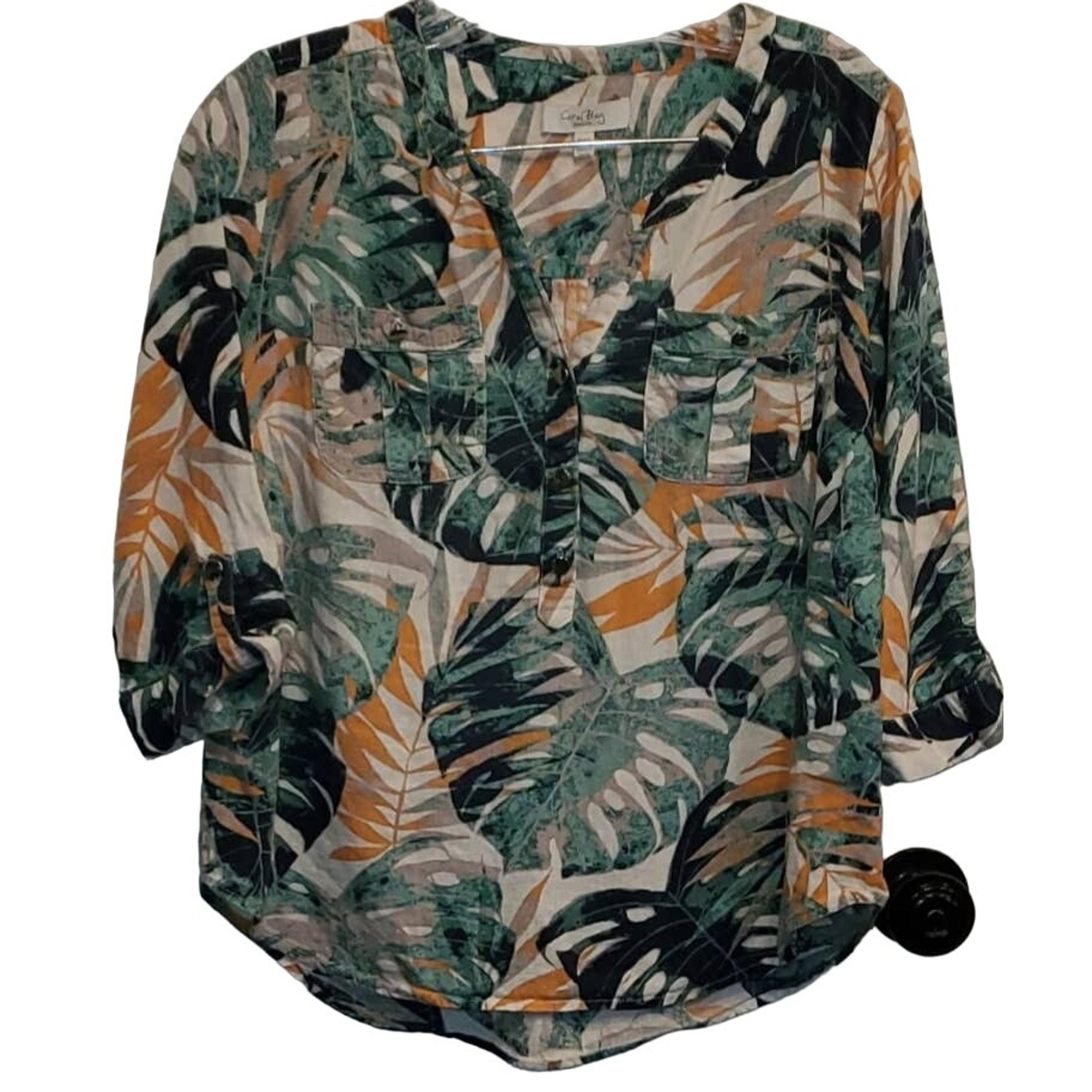 Coral Bay Women's Linen Blend Palm Leaf 3/4 Sleeve Petite Medium Pm