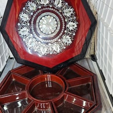Vintage Asian Lacquer Mother of Pearl inlay serving tray /jewerly storage w/ lid
