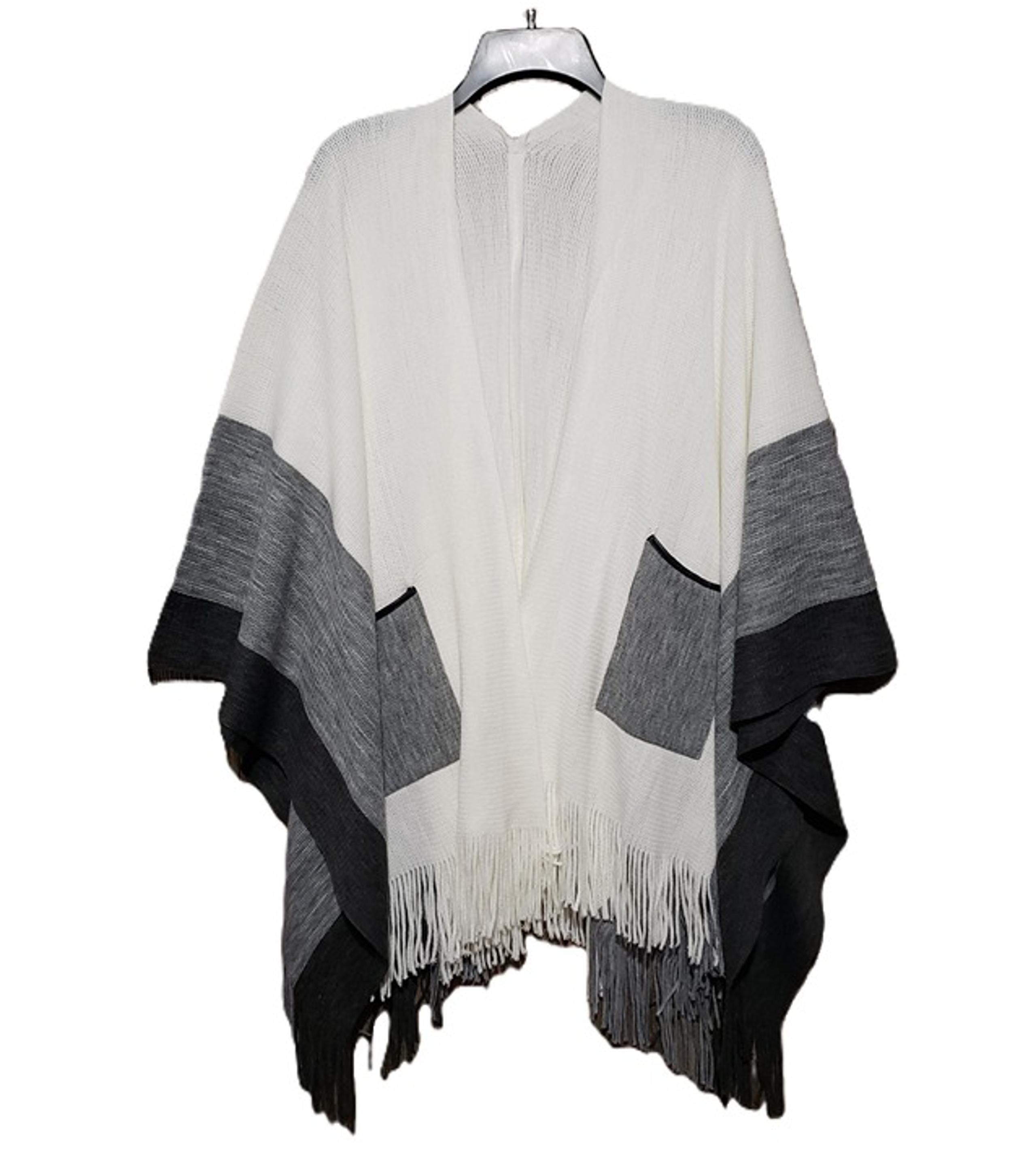 Women's White Black Gray Colorblock Fringe Kimono Top Wrap Shawl Coverup OS