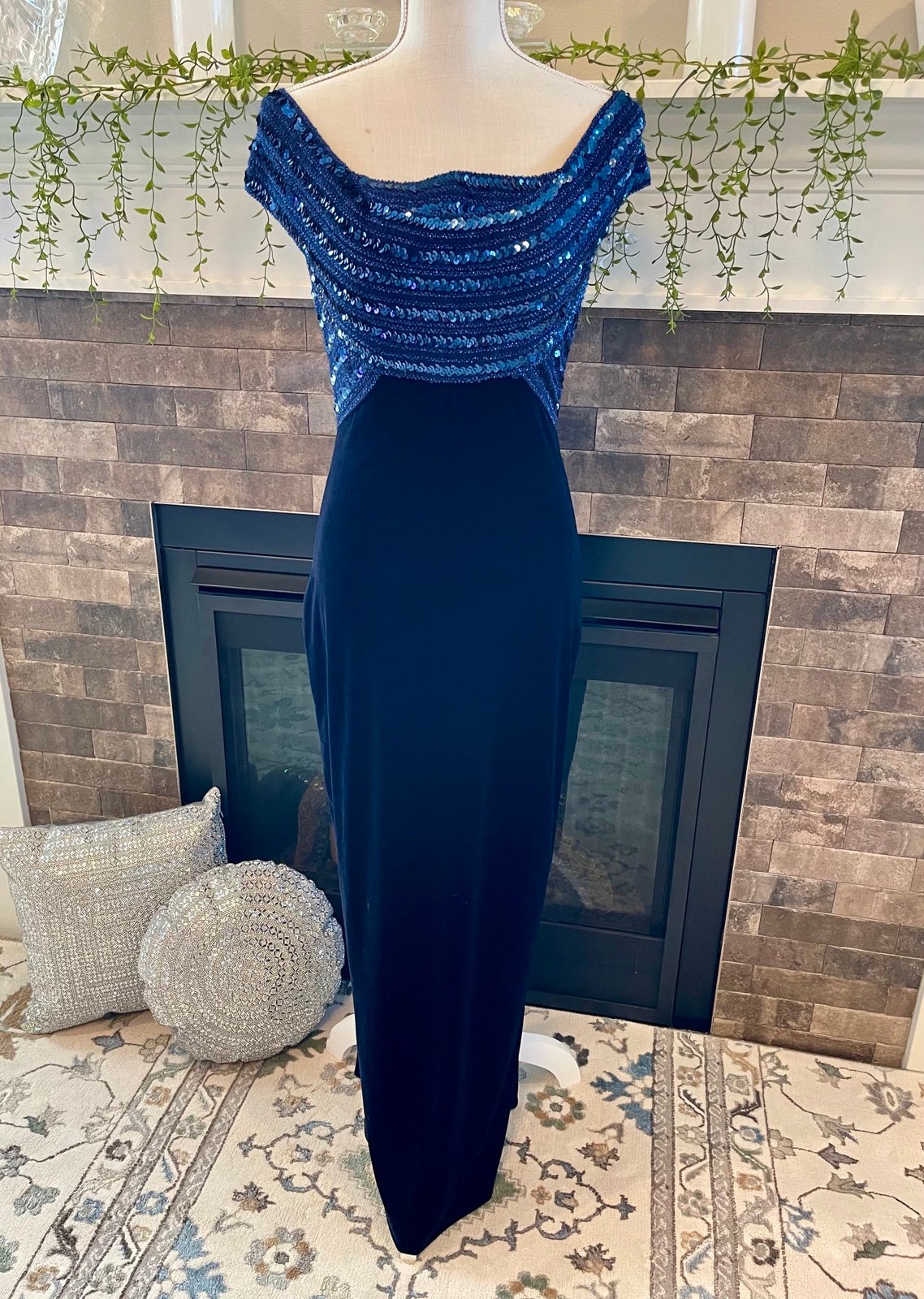 Vintage Navy Blue Dress Velvet Sequin Off The Shoulder Long Formal by Susan R