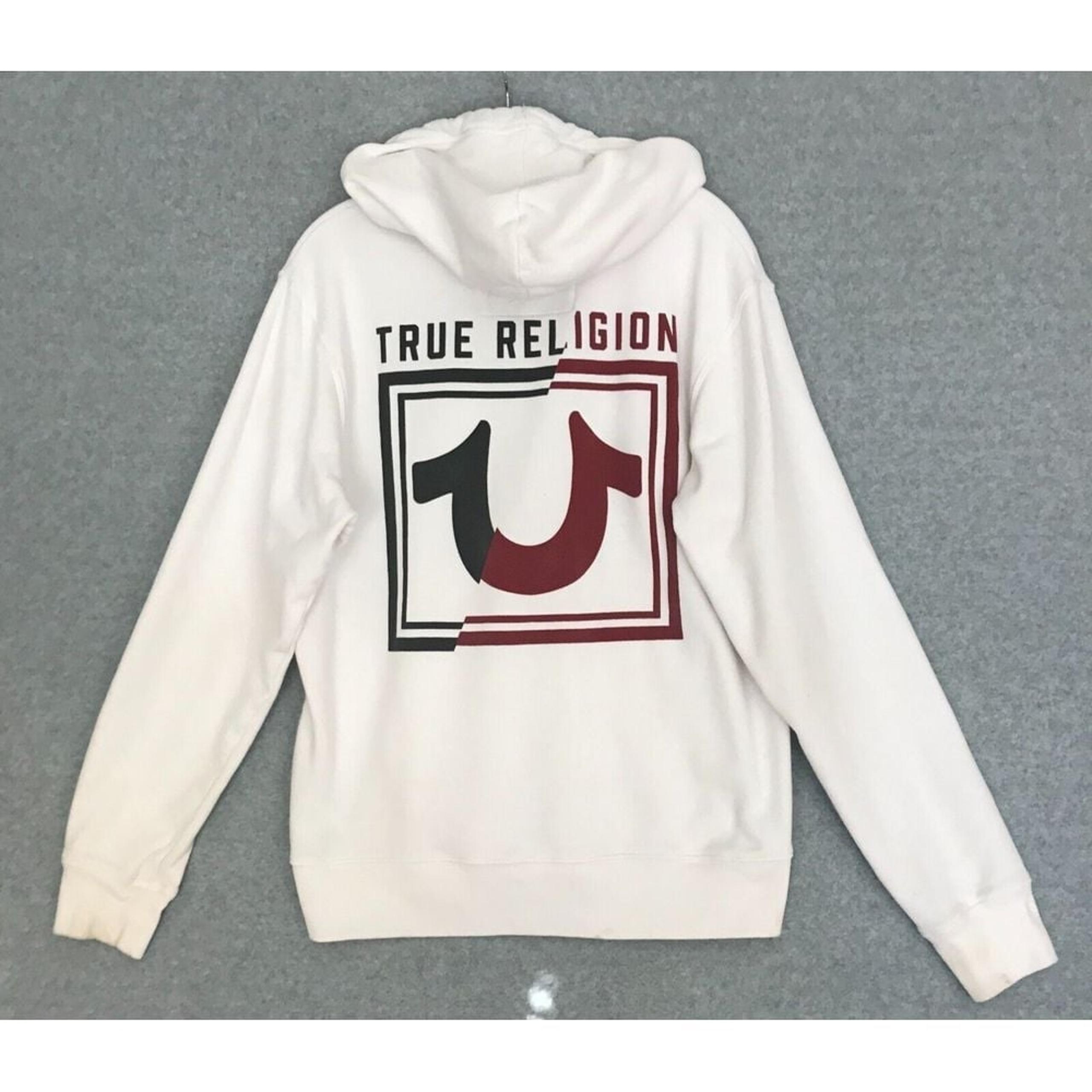True Religion Logo Hoodie Mens Large White Long Sleeve Sweatshirt Pullover READ
