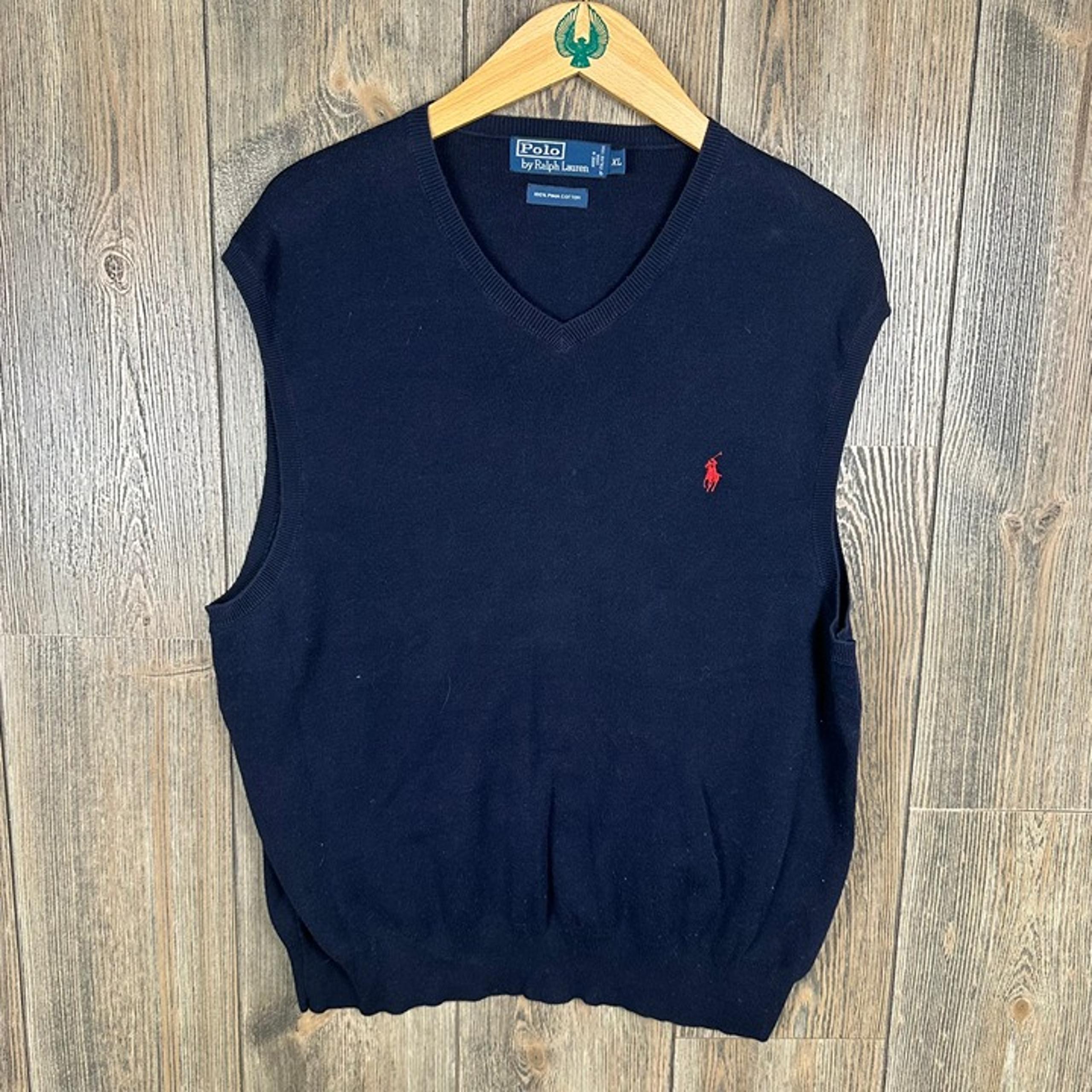 Polo Ralph Lauren V-Neck Sweater Vest Pima Cotton Men Size XL Navy Blue Red Pony