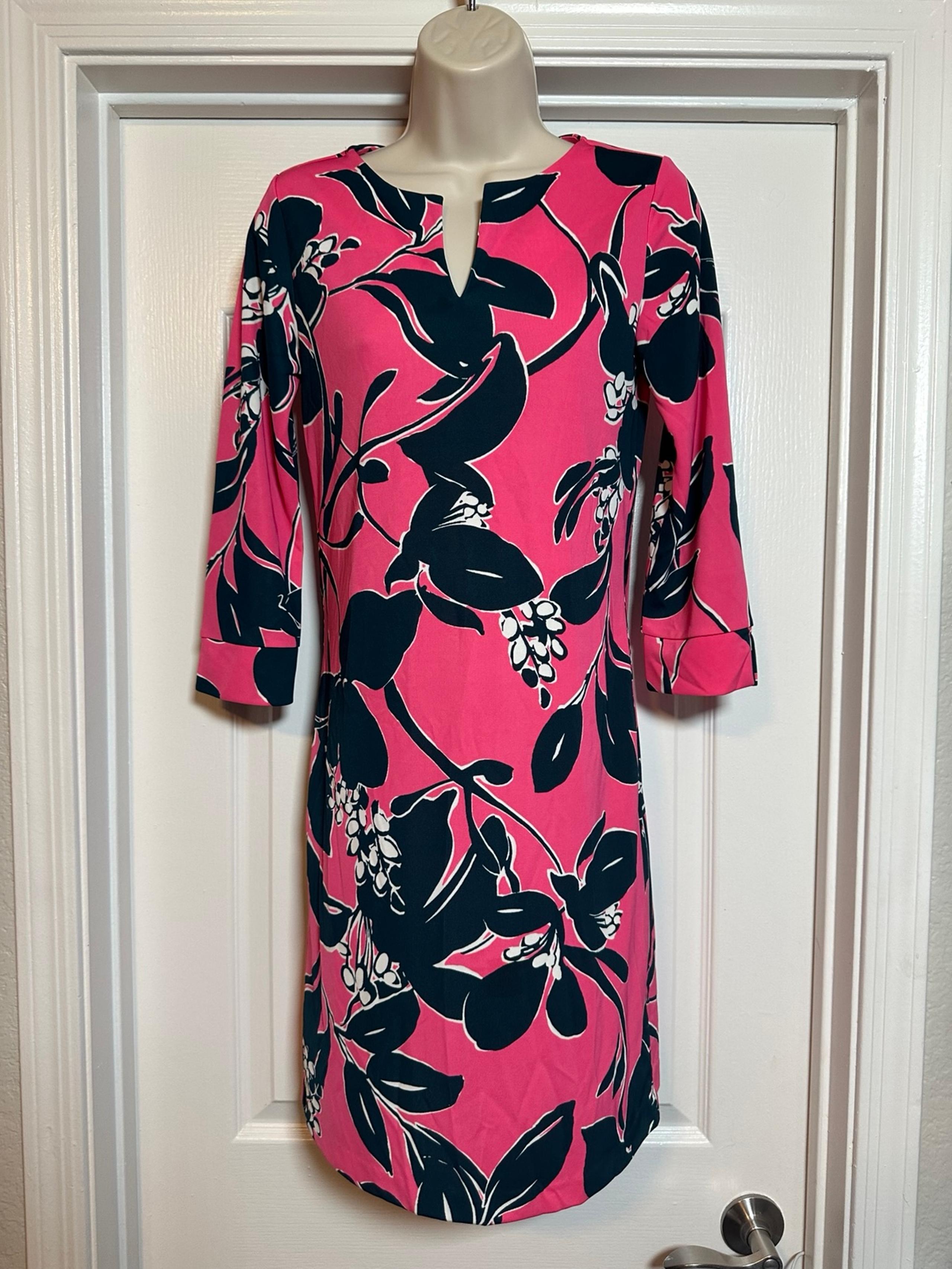 The Limited Tunic Shift Midi Dress Floral Pink Size Medium V-Neck 3/4 Sleeves