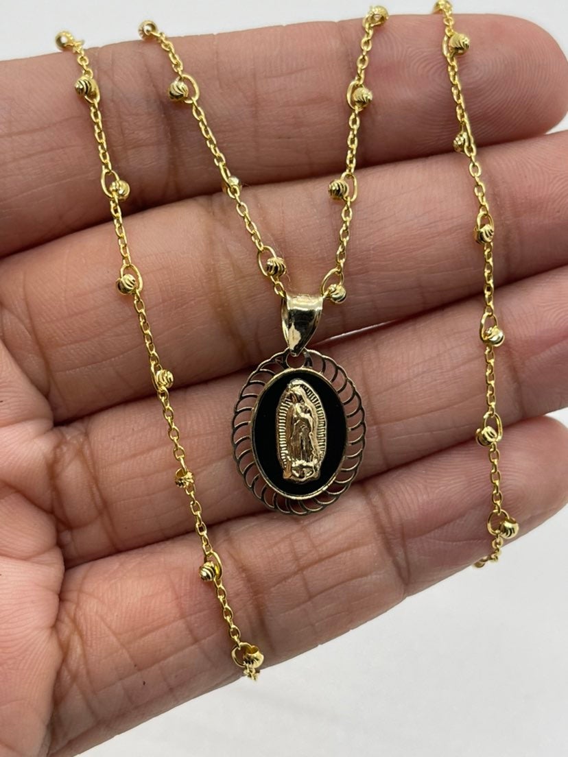 10K Gold Ball Station Necklace and Guadalupe Charm