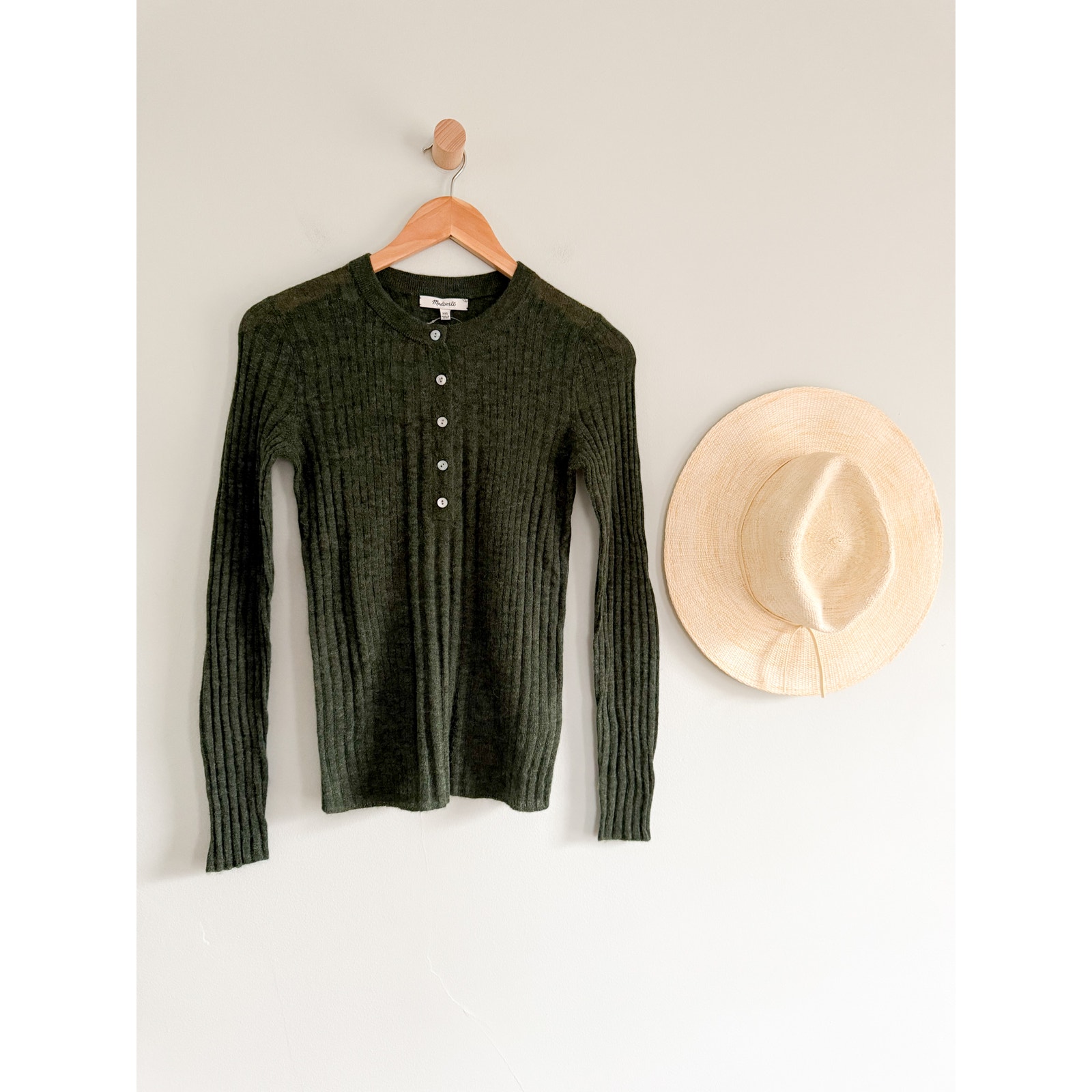 Madewell | NWT | Alpaca-Blend Henley Sweater in Hthr Basil Green | Sz XXS
