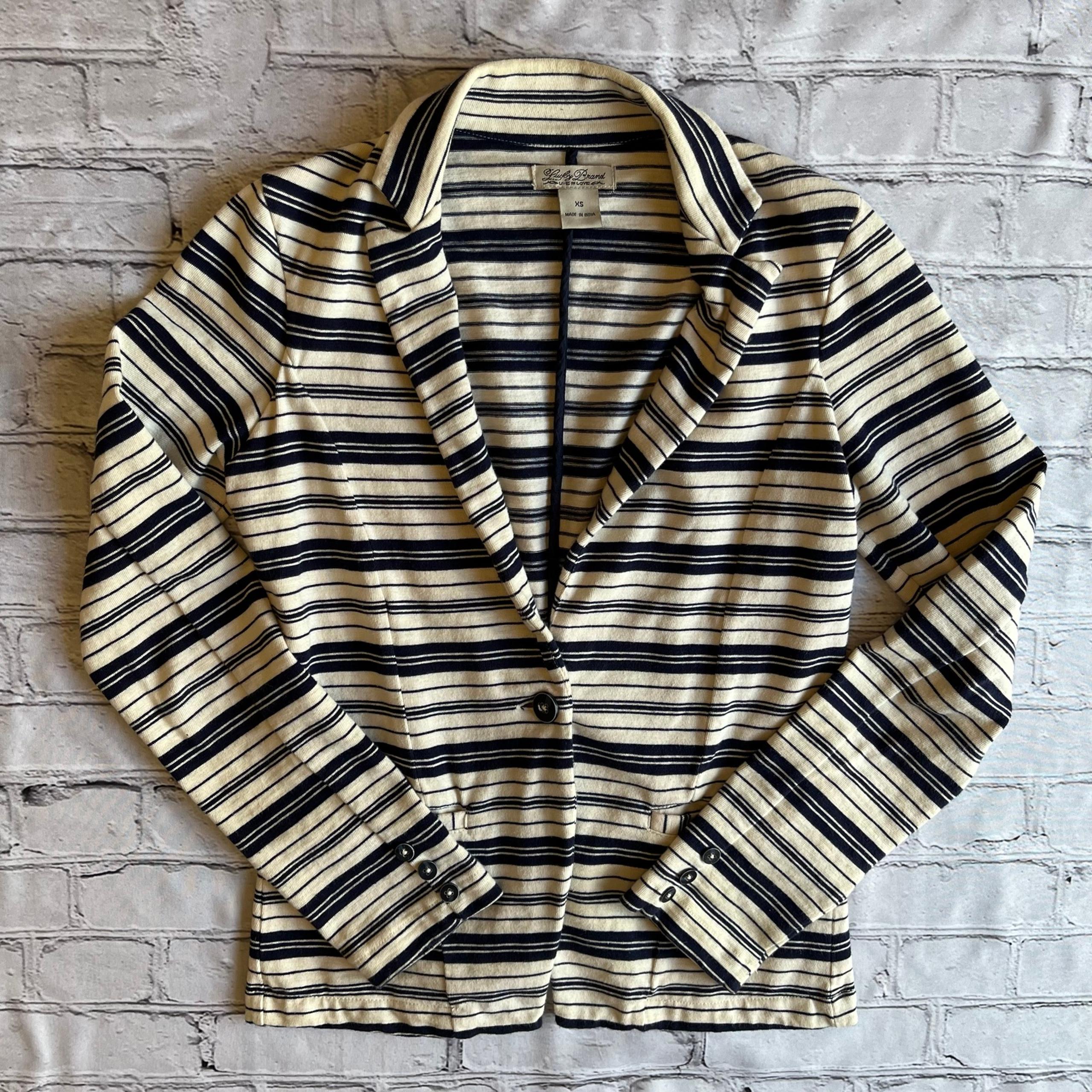 Lucky Brand Knit Striped Blazer XS IVORY & Blue Academia Preppy Schoolboy