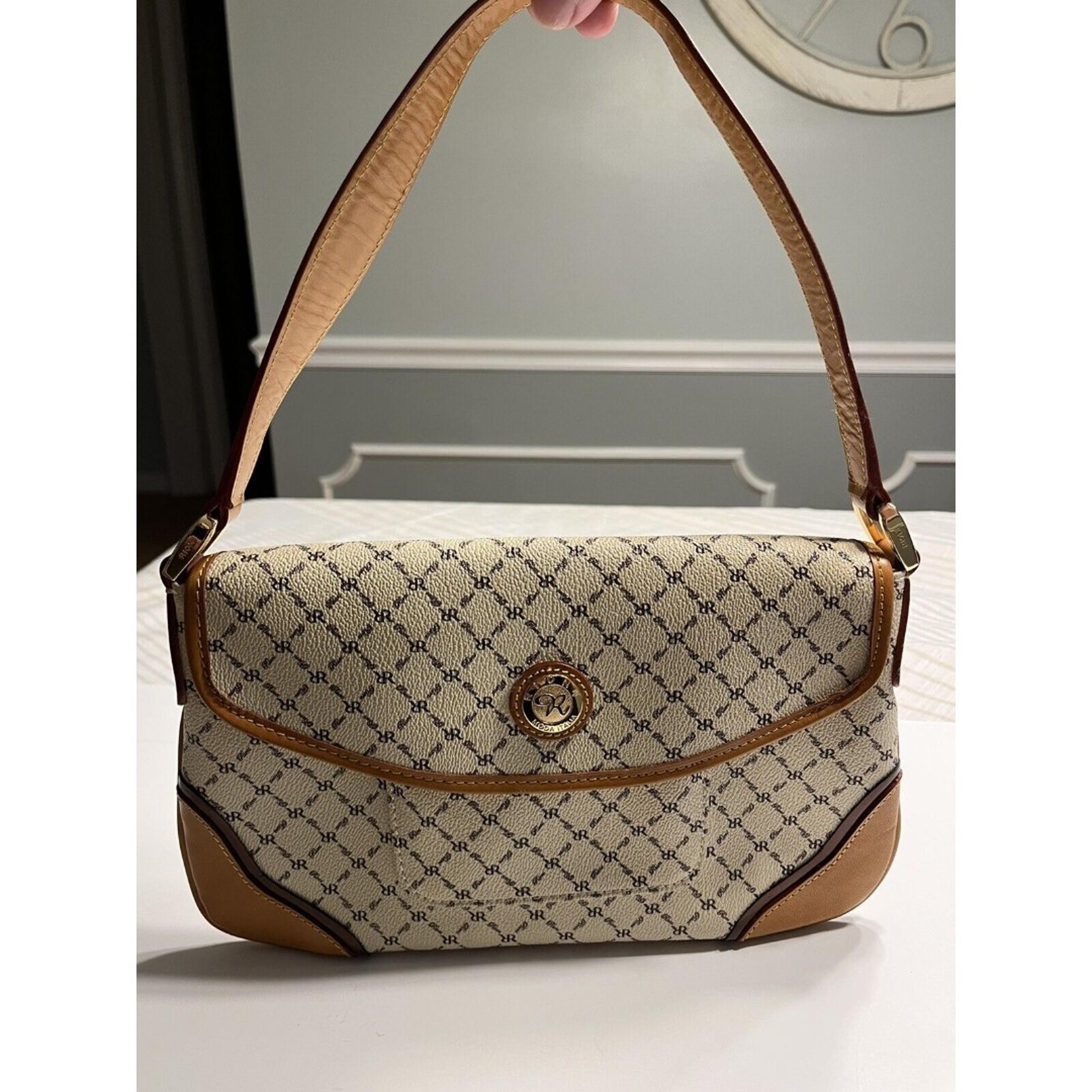 Rioni Moda Italia R Signature Top Flap Shoulder Hand Bag Purse Beige Brown Trim