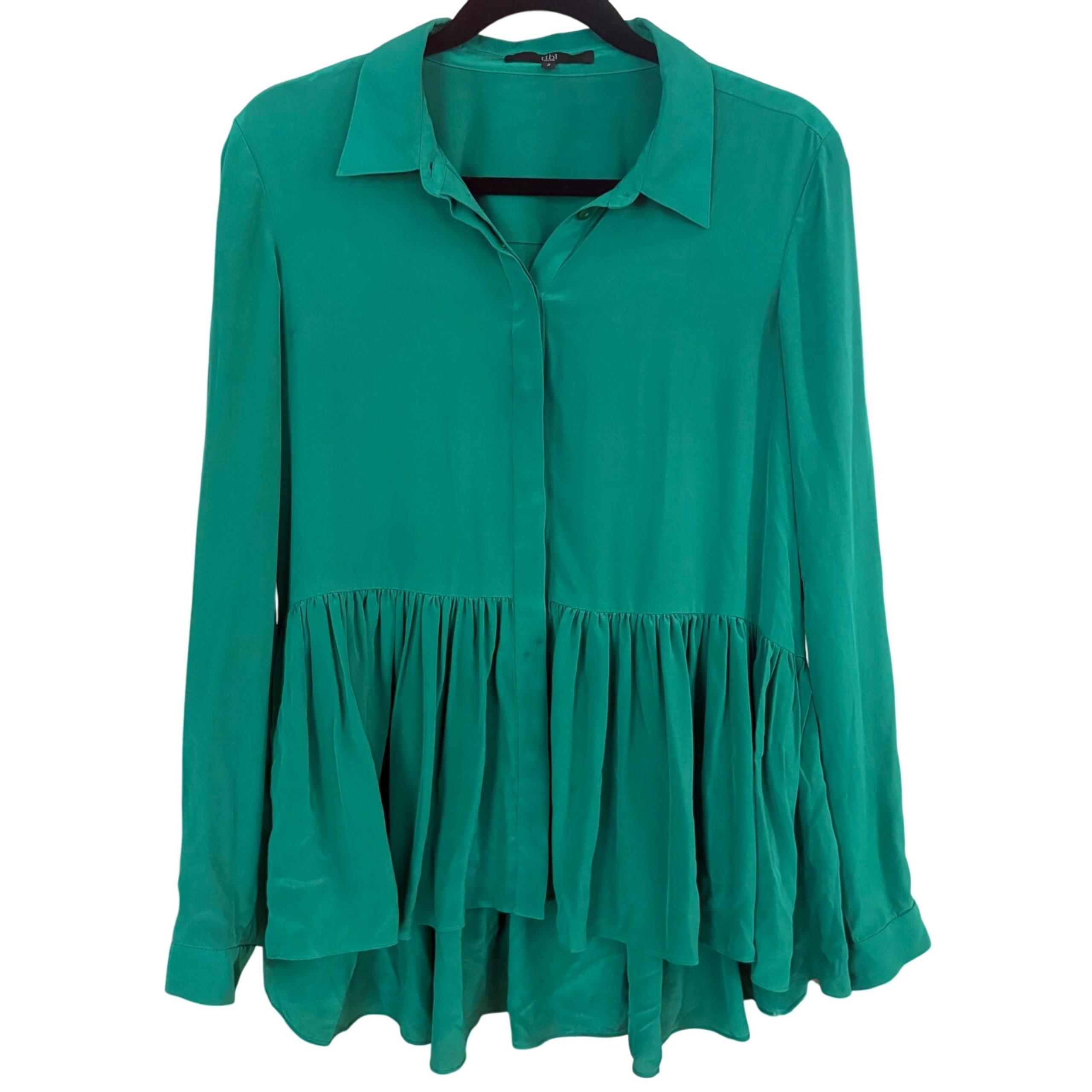 Tibi green silk long sleeve button up peplum ruffle bottom blouse SIZE 2