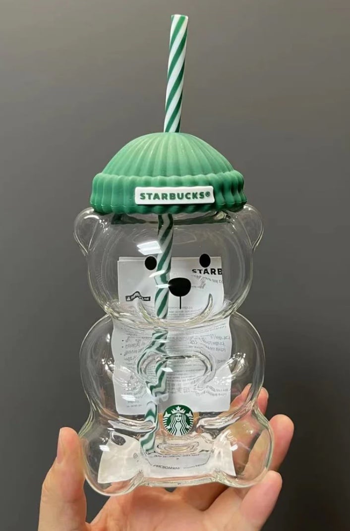 Starbucks Korea 2023 Autumn Joyful green Bear Glass Cold cup 591ml 20oz