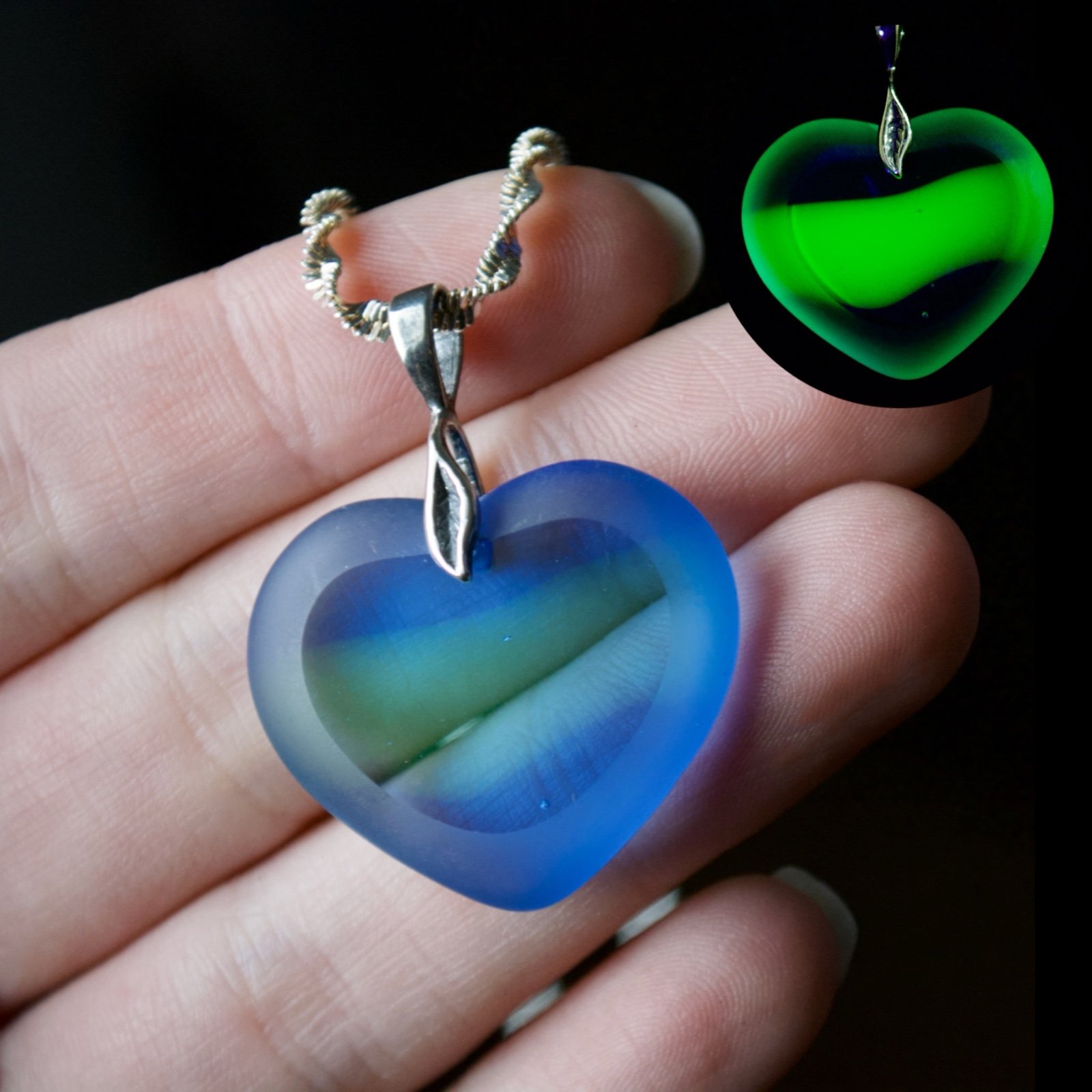 UV Reactive Uranium Blue & Green Glass Heart Sterling Silver Necklace