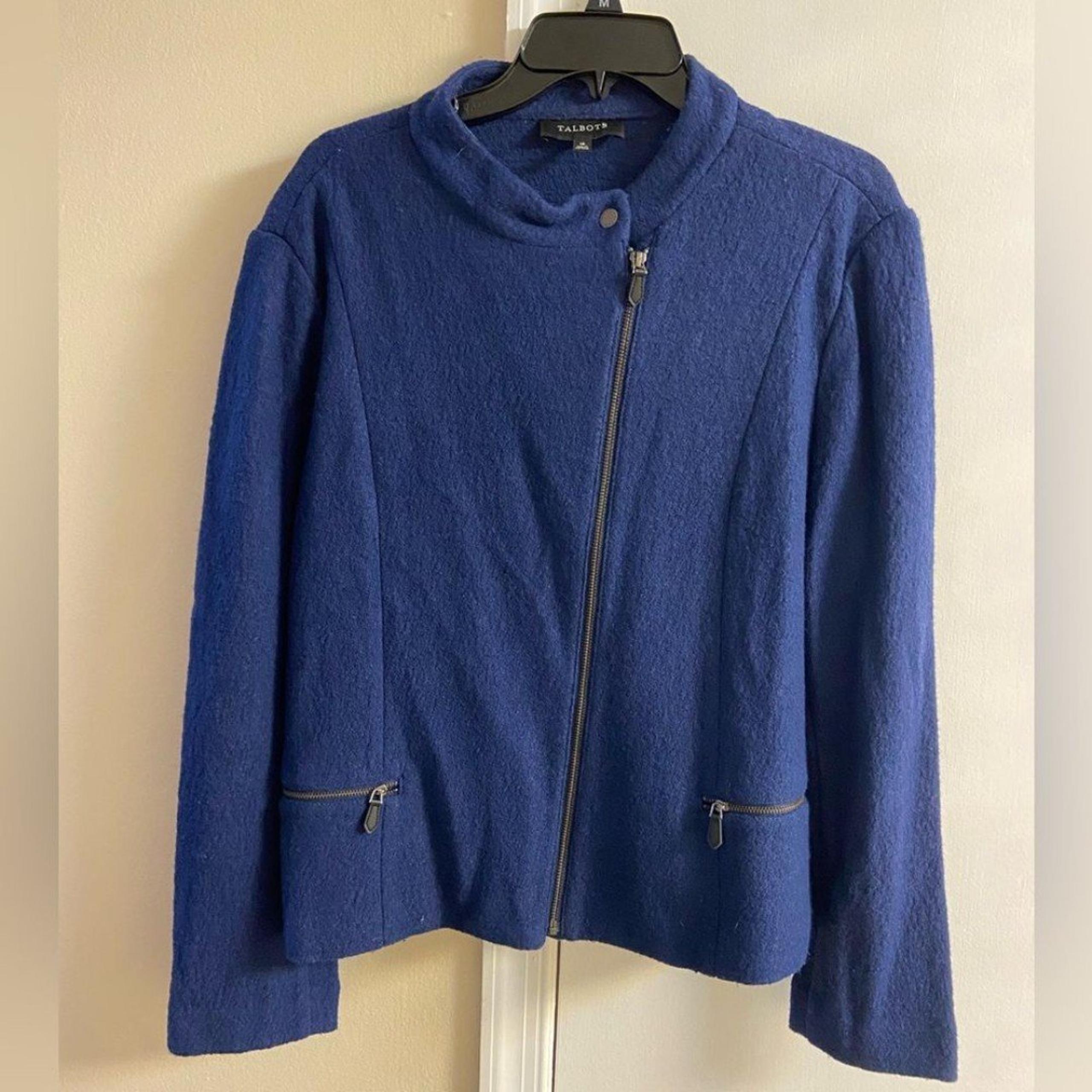Talbots jacket navy blue wool blend moto style zip front Sz 18
