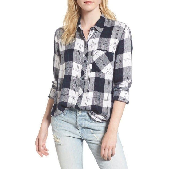 Womens Size Medium Rails Navy Blue and White Hunter Plaid Shirt Top